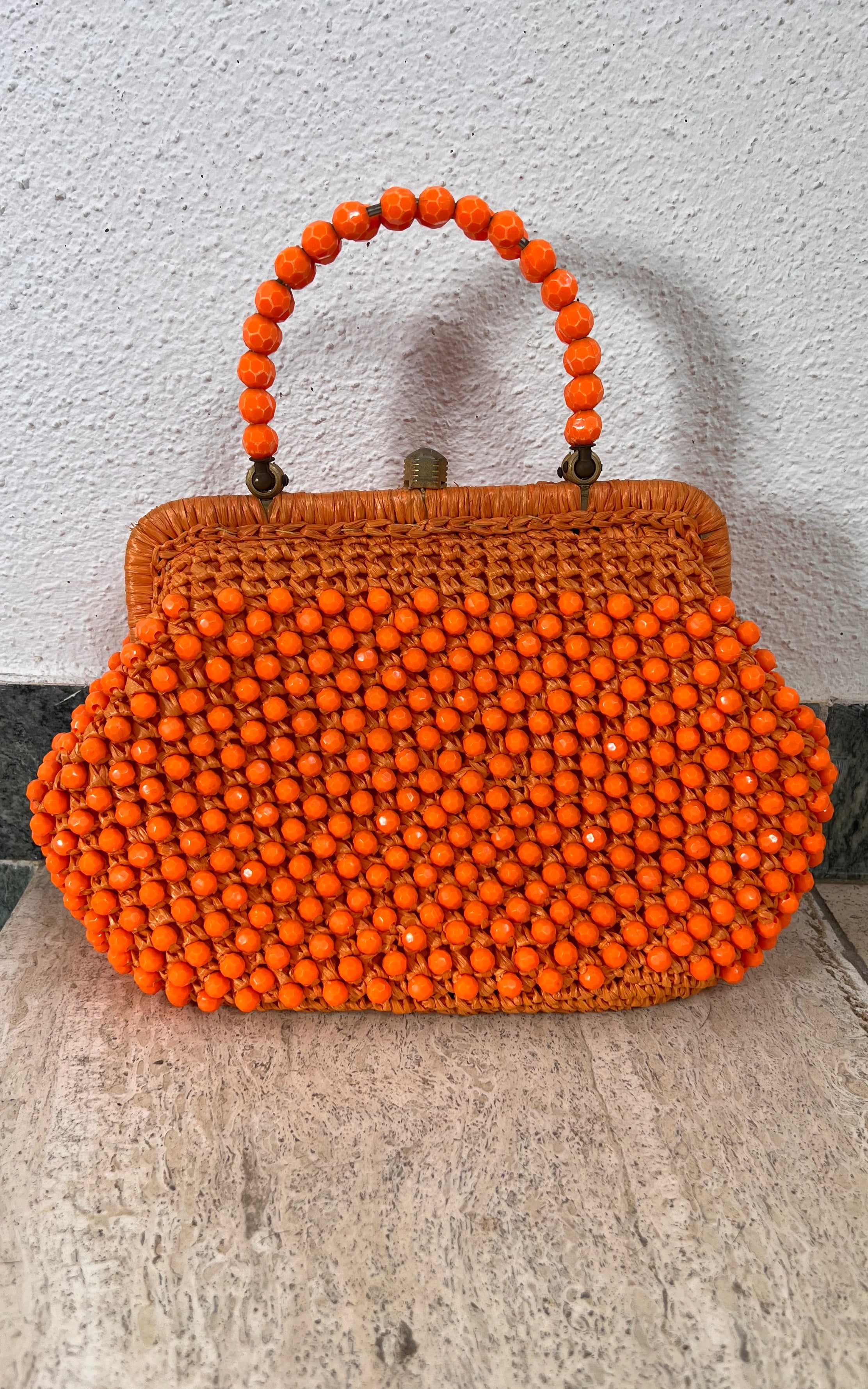 Vintage 60s Beaded Raffia Handbag - Bright Orange
