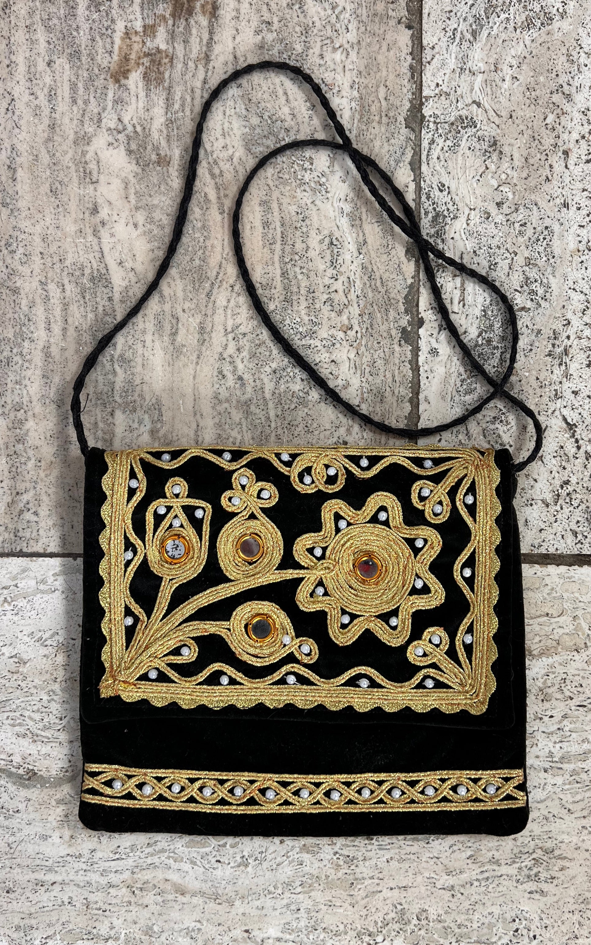 Vintage Bohemian Embroidered Velvet Bag with Mirror Work