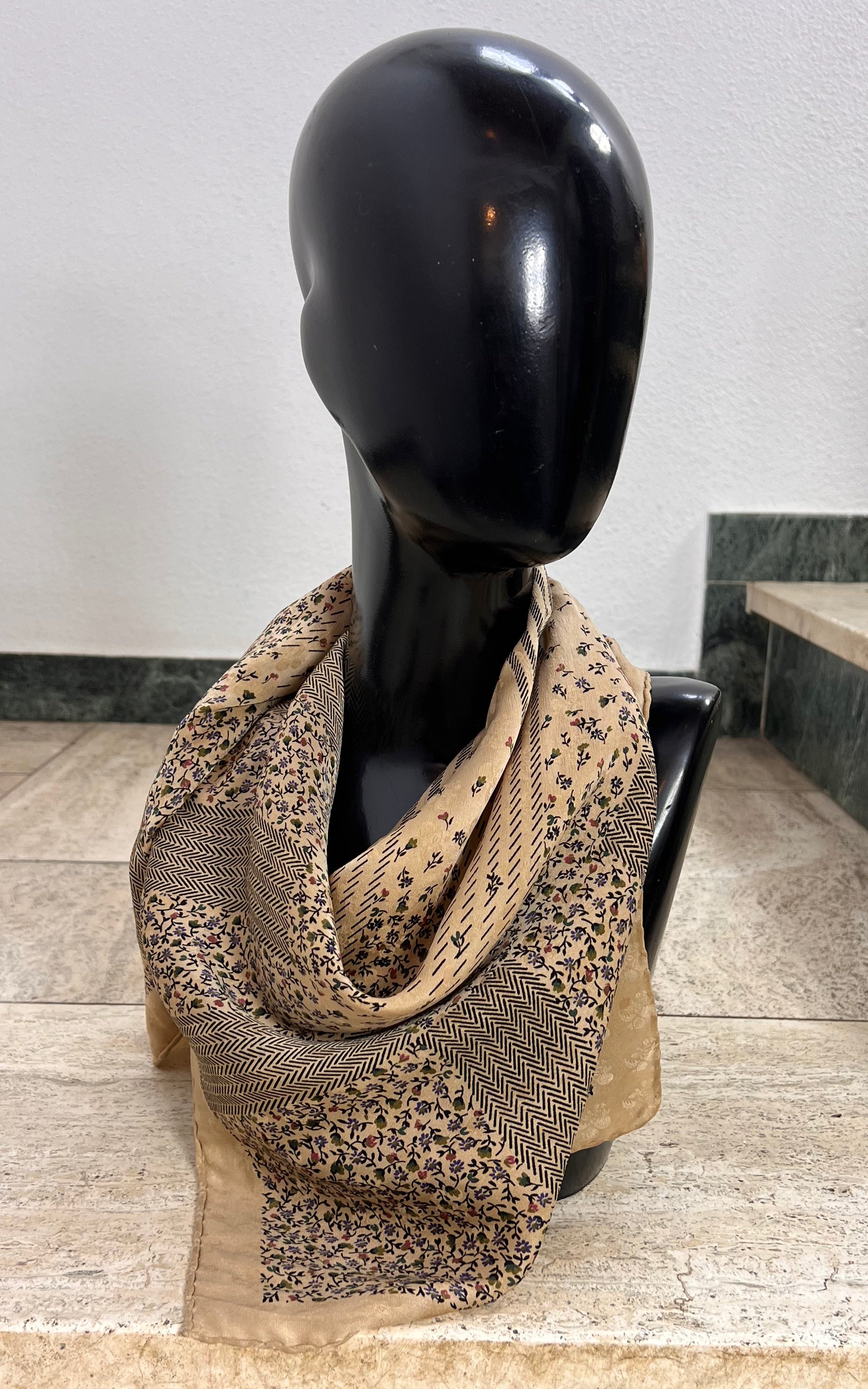 Vintage 70s Floral Gold Silk Foulard