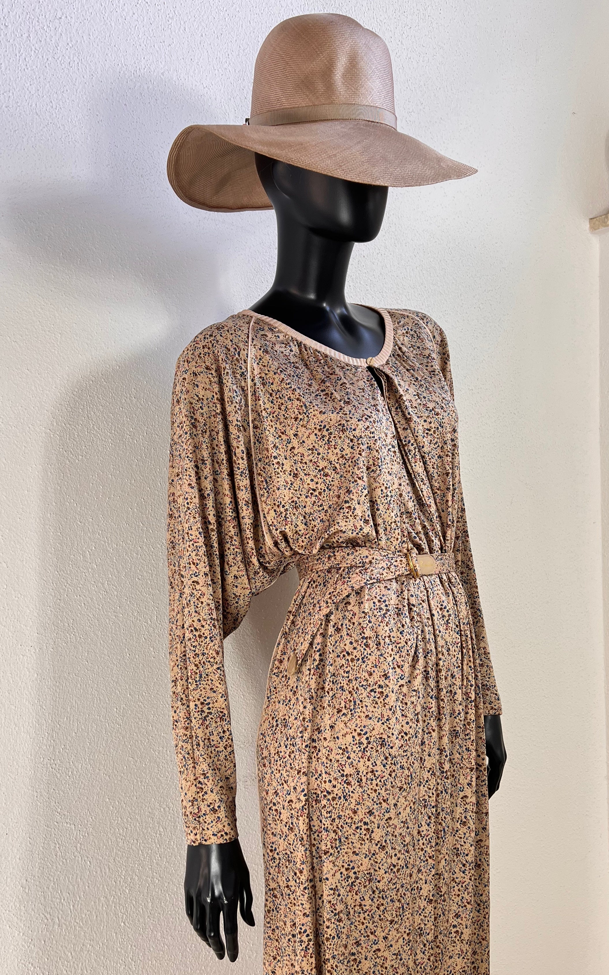Vintage 70s Ranotto Silk Jersey Flower Dress with Drapped Batwing Sleeves