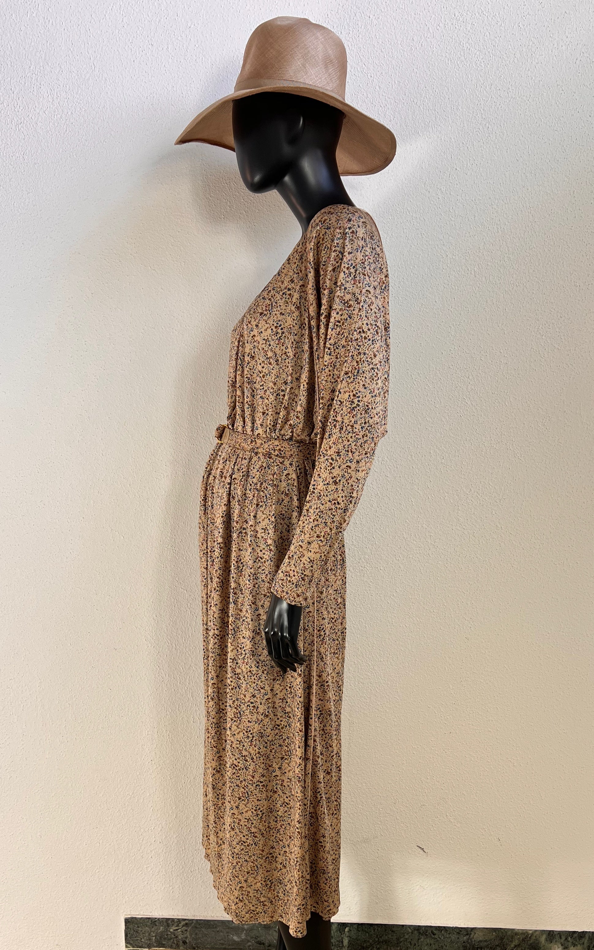 Vintage 70s Ranotto Silk Jersey Flower Dress with Drapped Batwing Sleeves