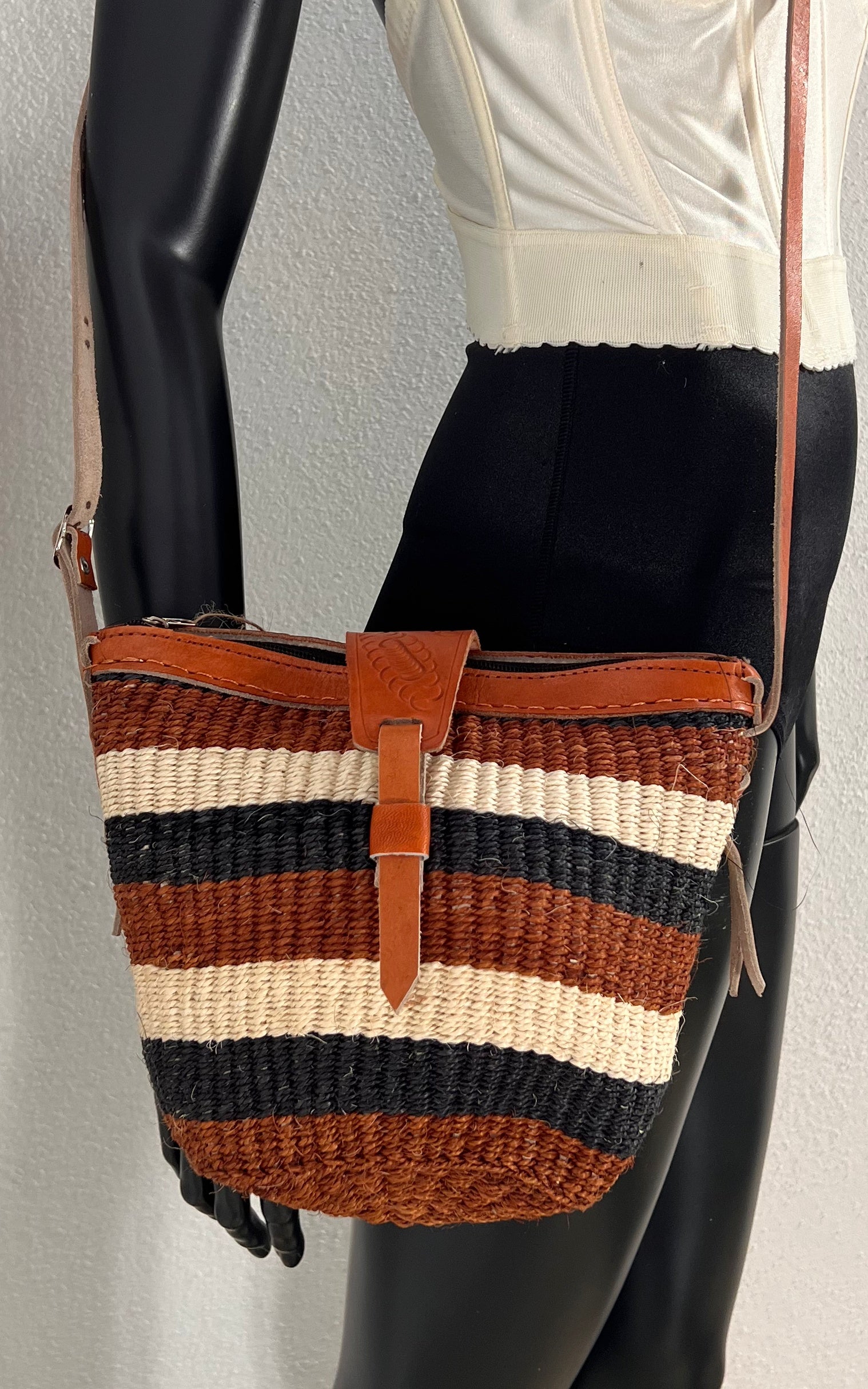 New African Kiondo Sisal and Leather Cross Body Bag