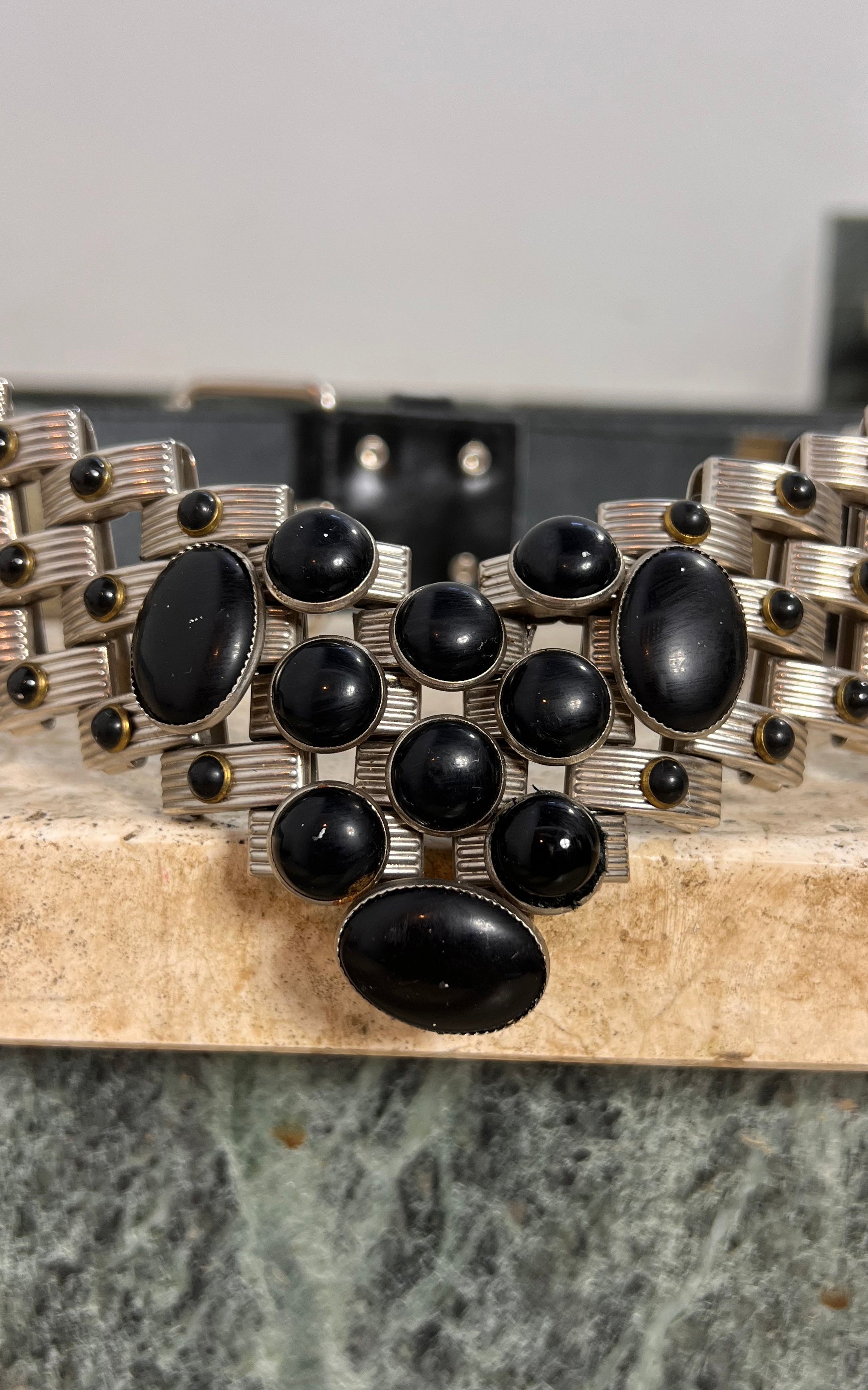 Vintage Silver Metal Statement Belt with Black Stones