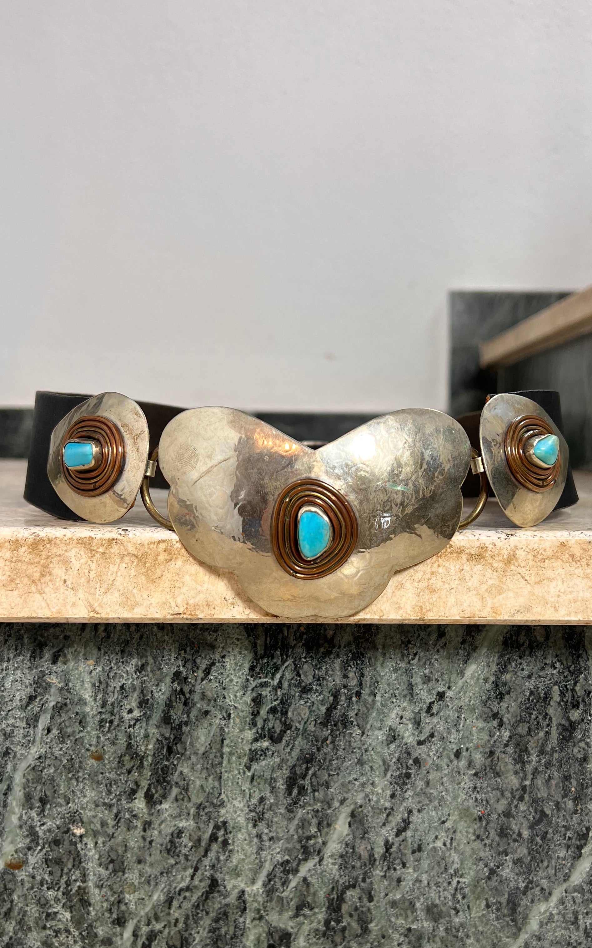 Vintage 70s Hammered Metal and Turquoise Belt