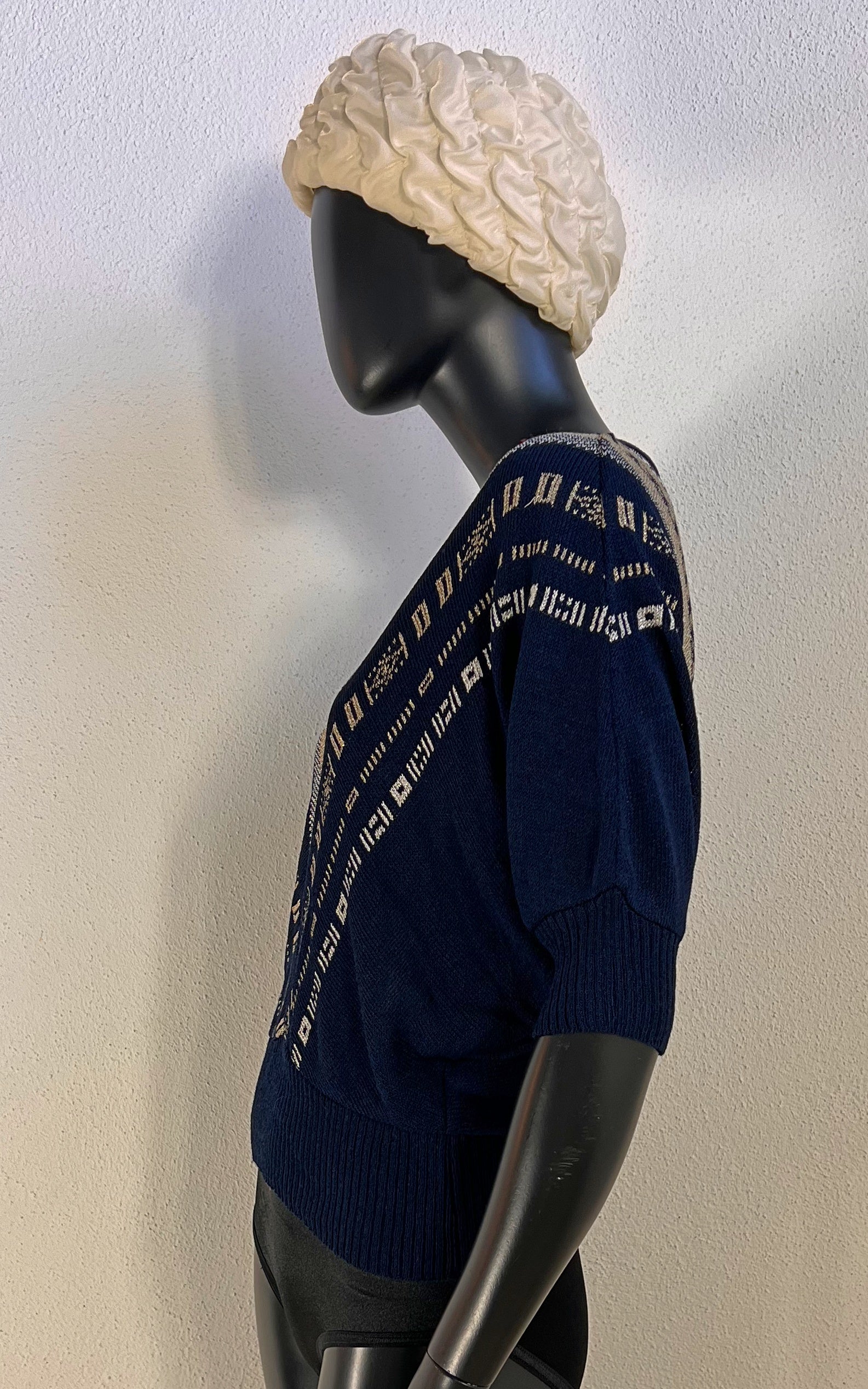 Vintage 70s Navy Knit Sweater with Metallic Pattern