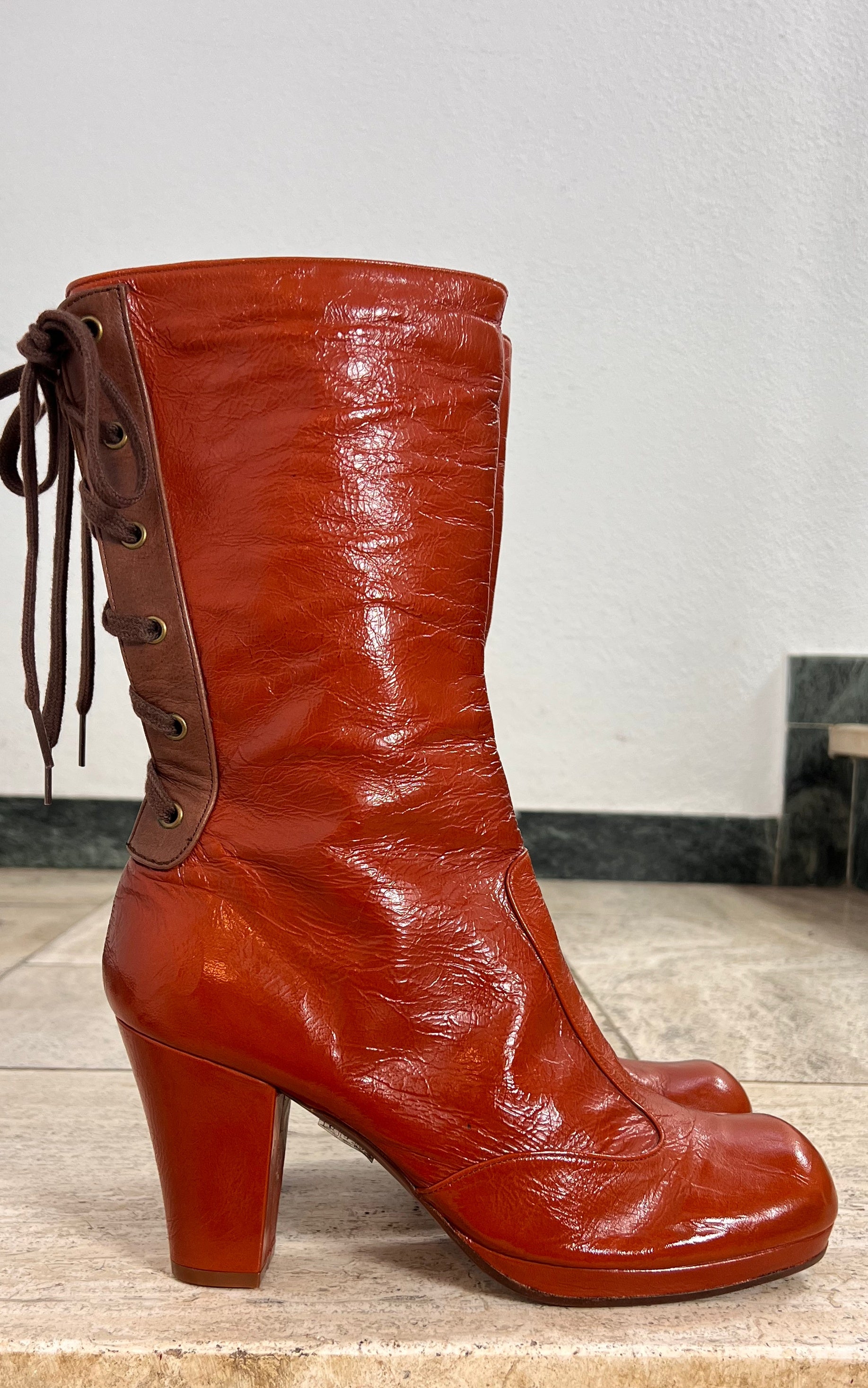 Chie Mihara Leather Lace-Up Boots Burnt Orange 41