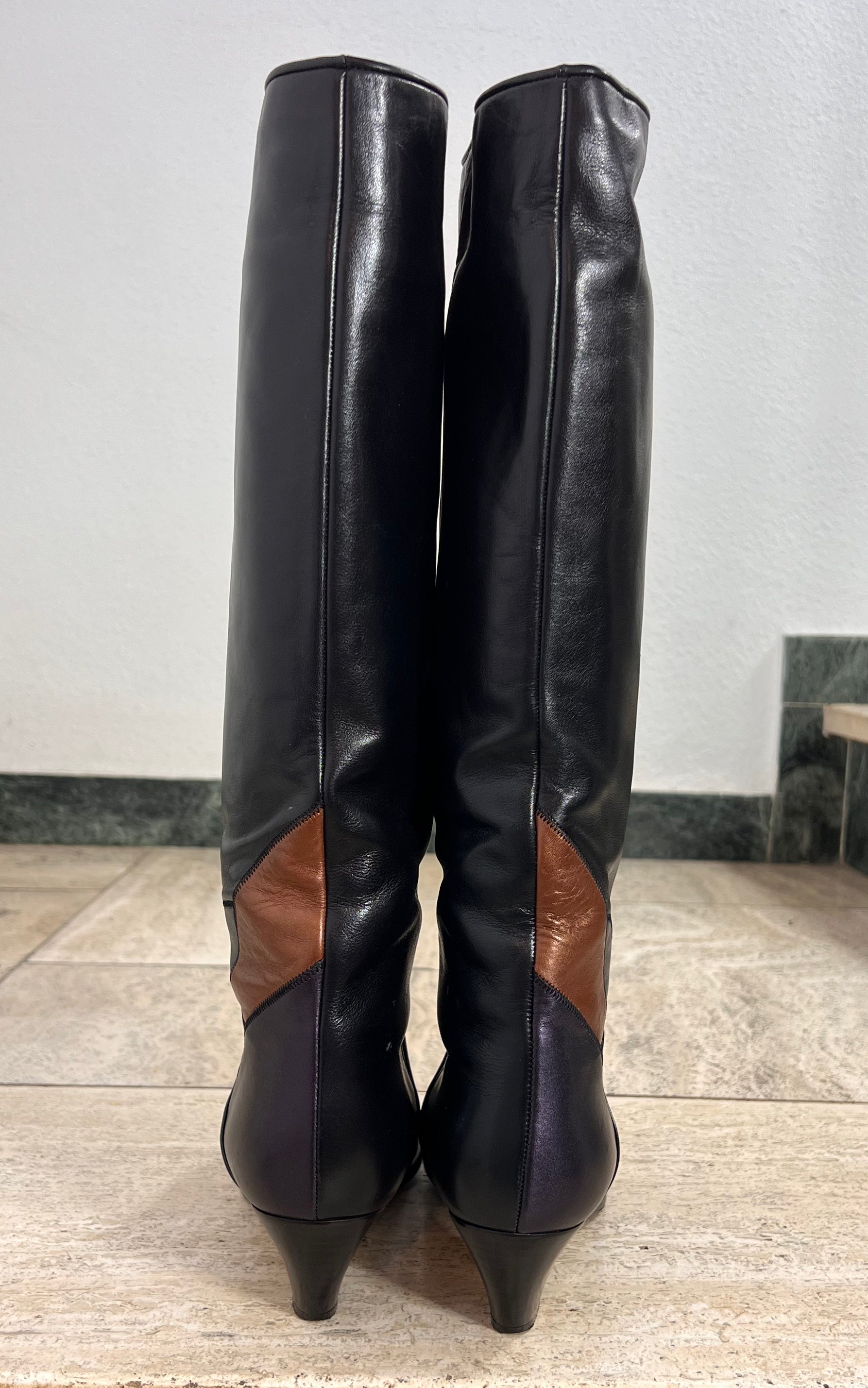 Vintage Black Leather Color Block Knee-High Boots 39