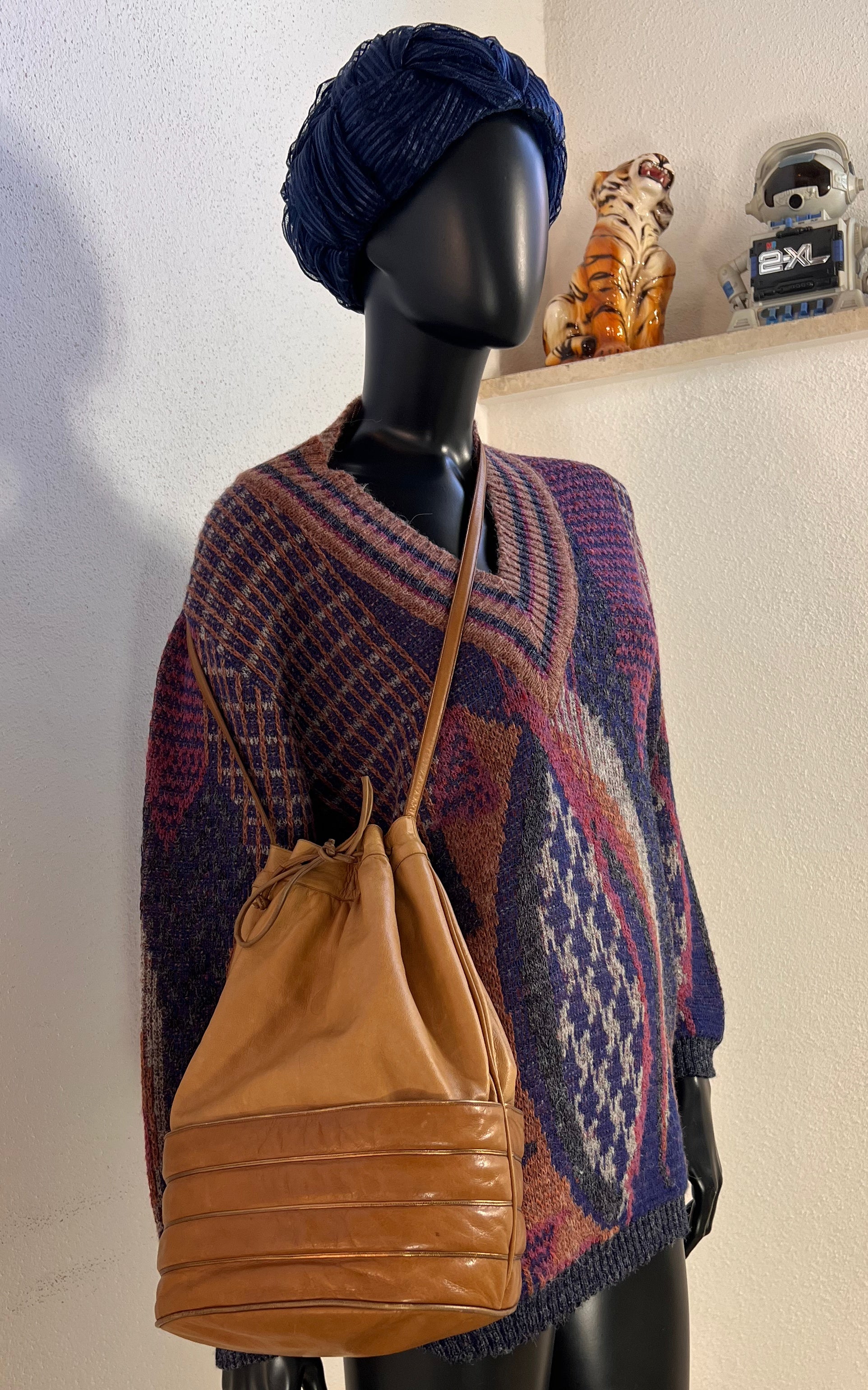Vintage 70s Pollini Leather Drawstring Bucket Bag
