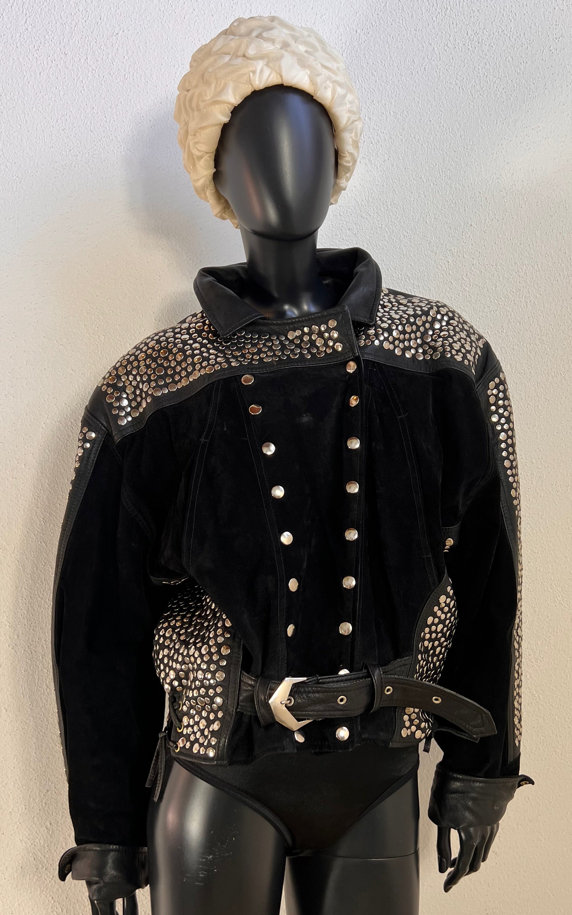 Vintage 1980s YAP Studded Black Suede & Leather Biker Jacket