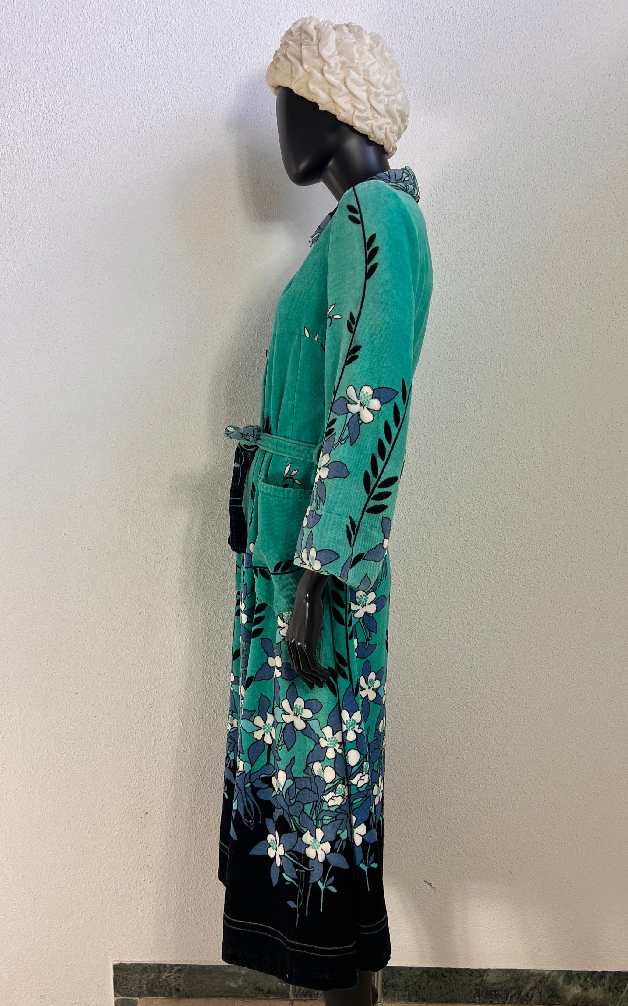 Vintage 1970s Turquoise Floral Velour Maxi Coat