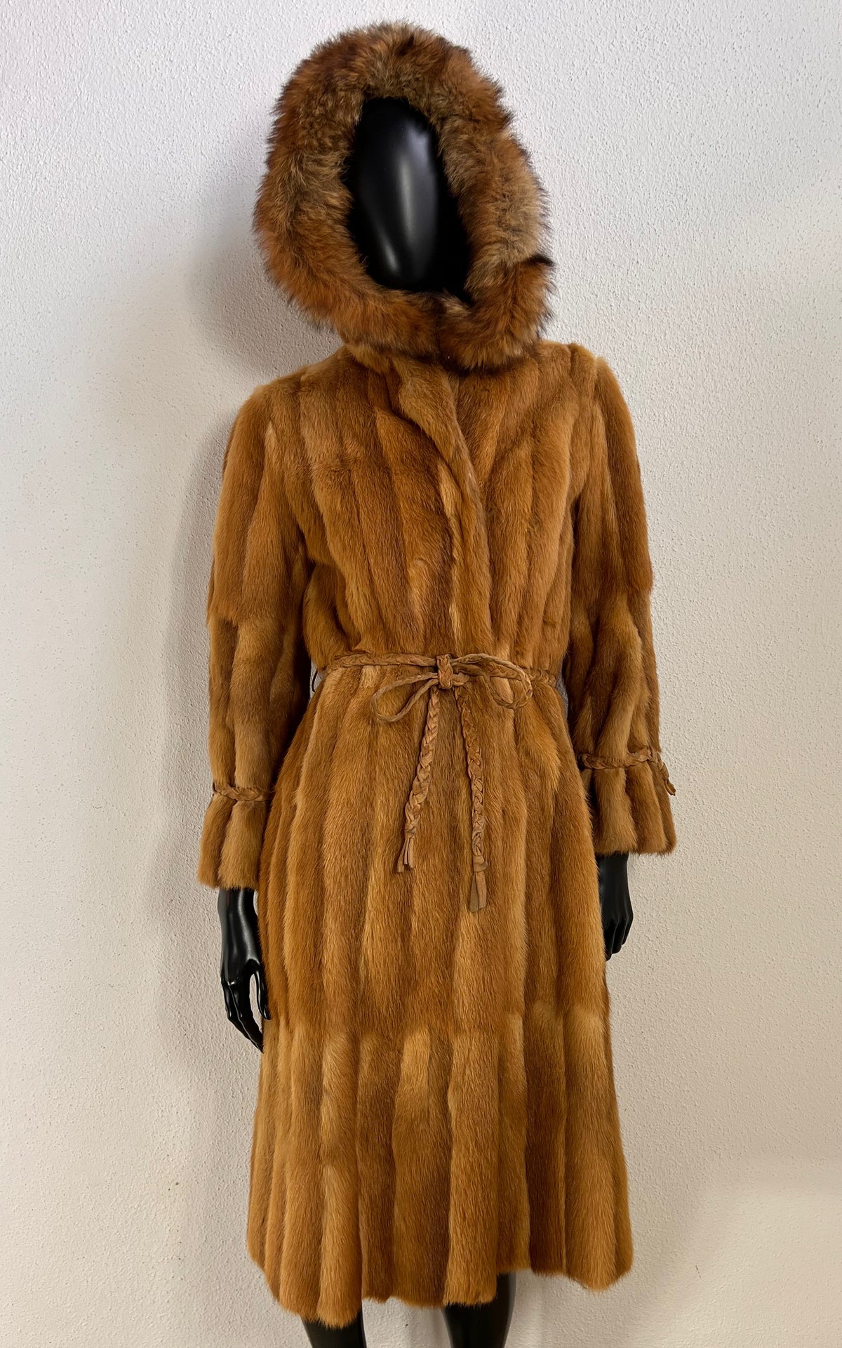 Vintage 1970s Golden Honey Fur Coat with Hood & Braided Belt