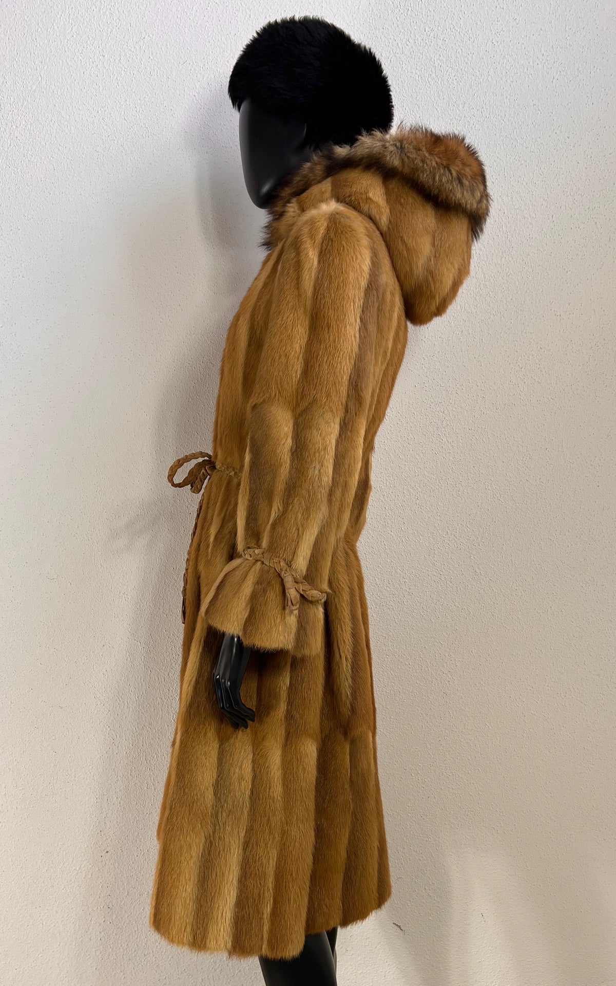 Vintage 1970s Golden Honey Fur Coat with Hood & Braided Belt