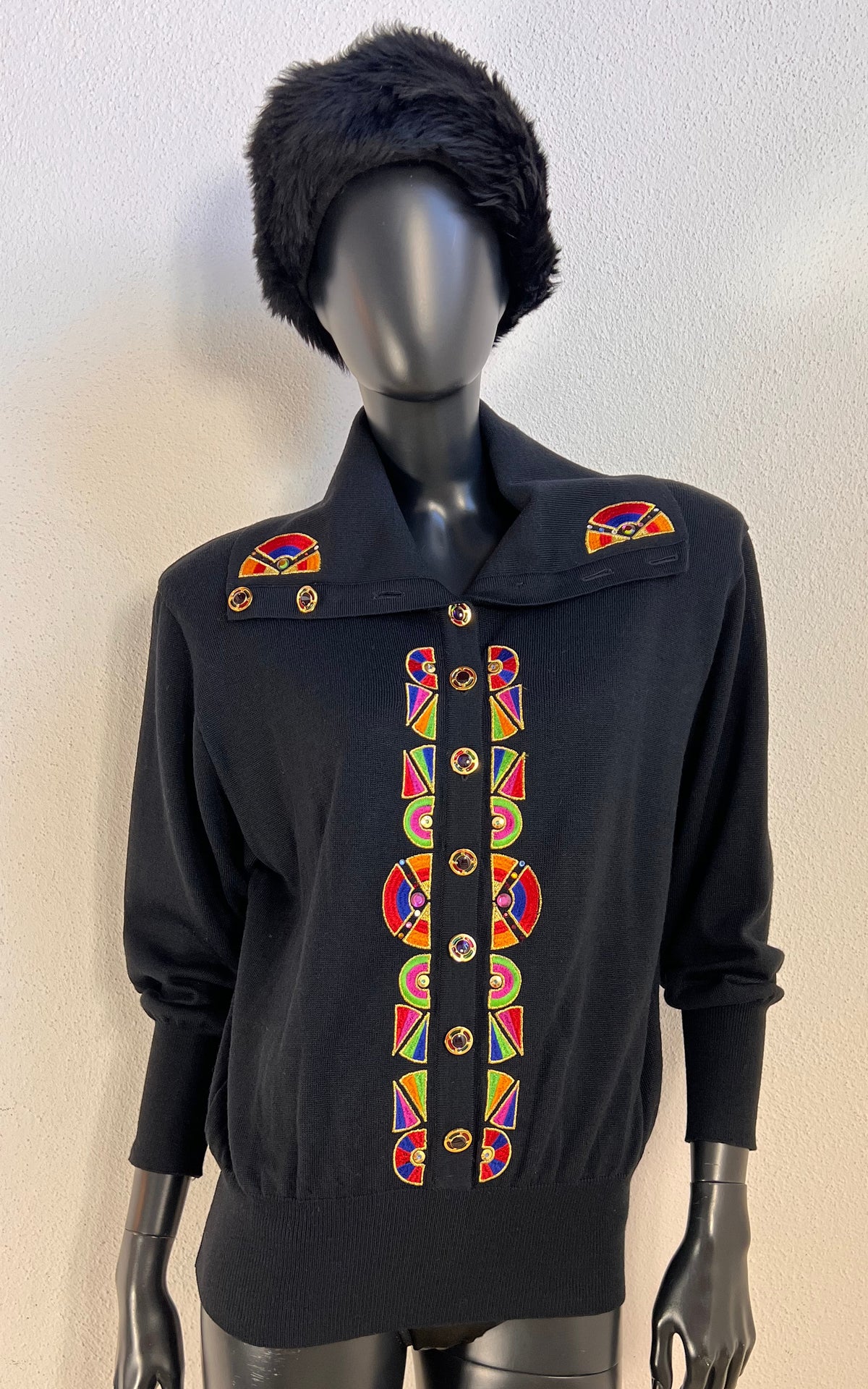 Vintage Bode Black Wool Blend Cardigan with Colourful Geometric Embroidery