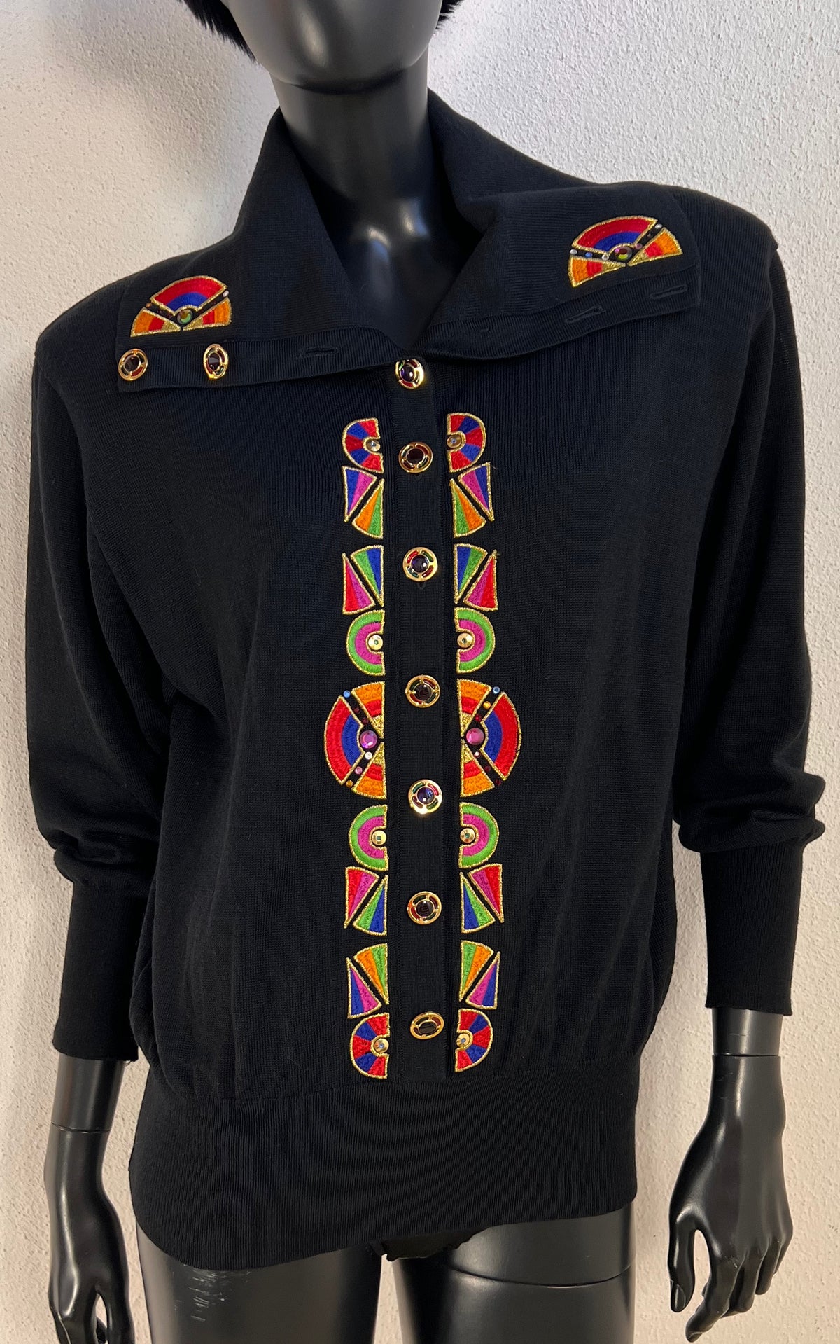 Vintage Bode Black Wool Blend Cardigan with Colourful Geometric Embroidery