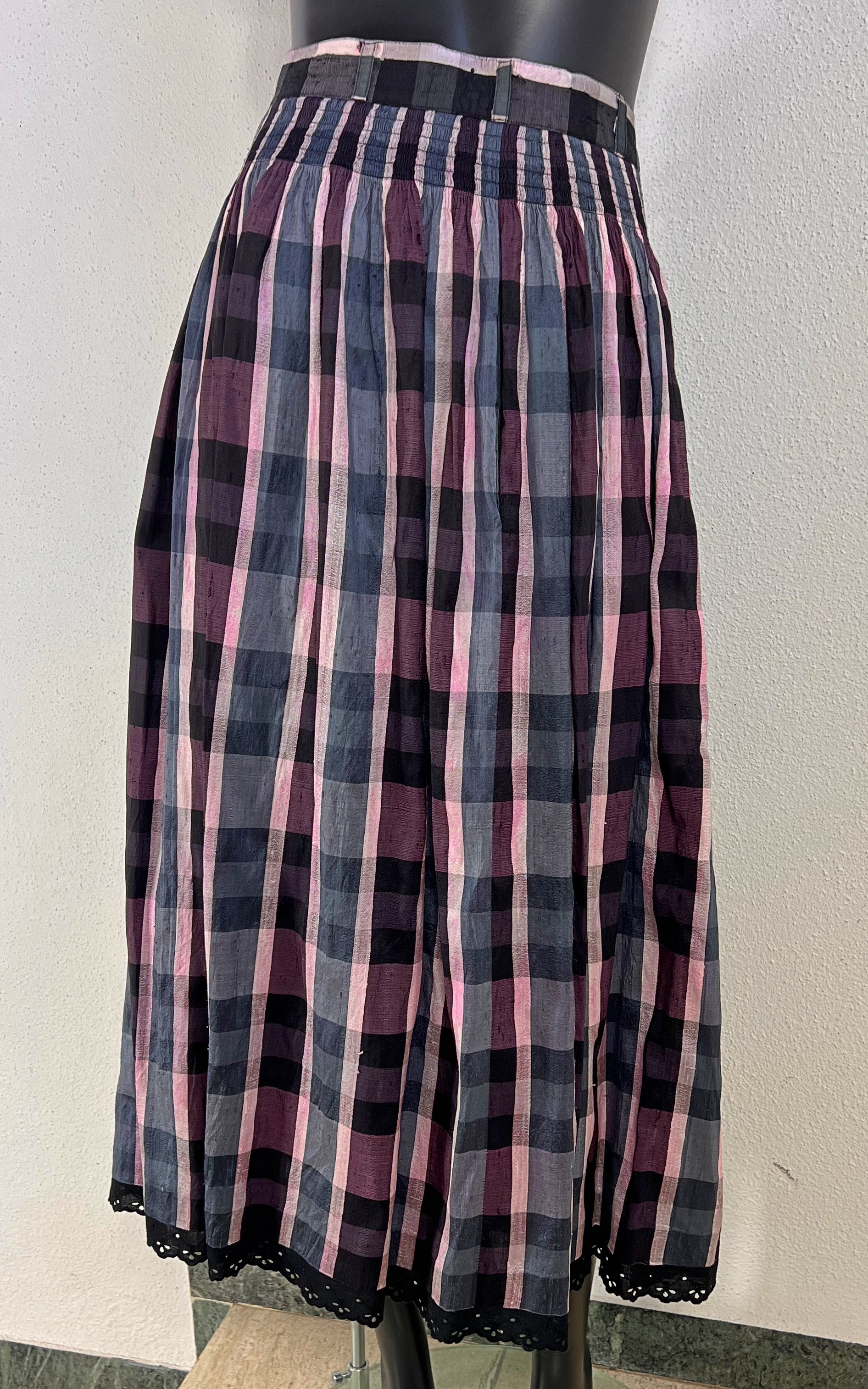 Vintage Checked Silk Skirt with Lace Trim