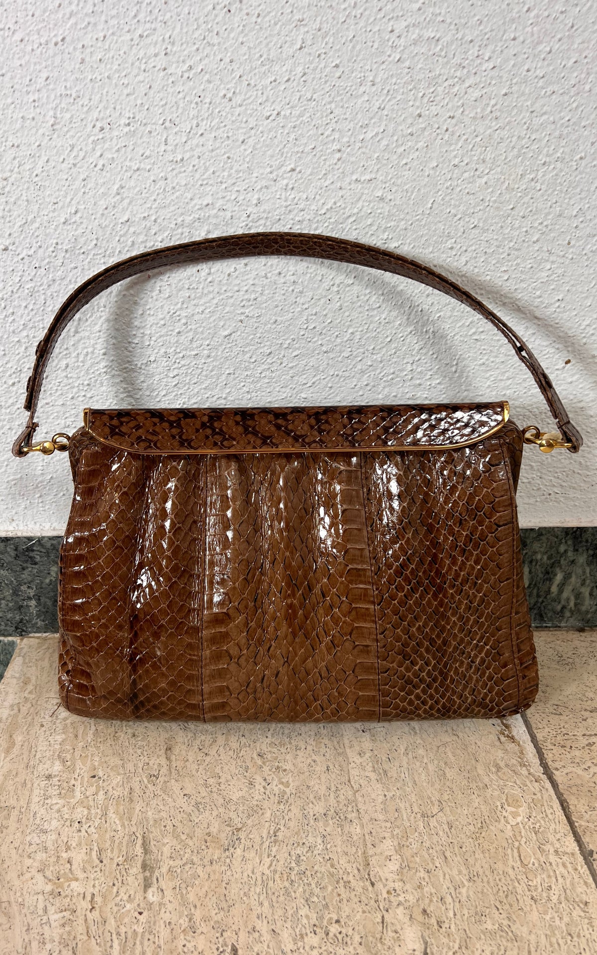 Vintage Genuine Snakeskin Handbag in Brown with Gold-Tone Frame