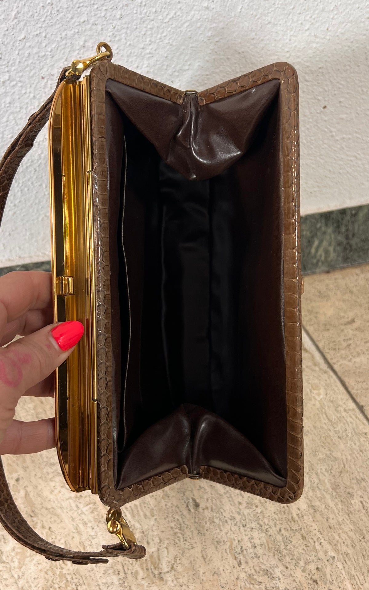 Vintage Genuine Snakeskin Handbag in Brown with Gold-Tone Frame