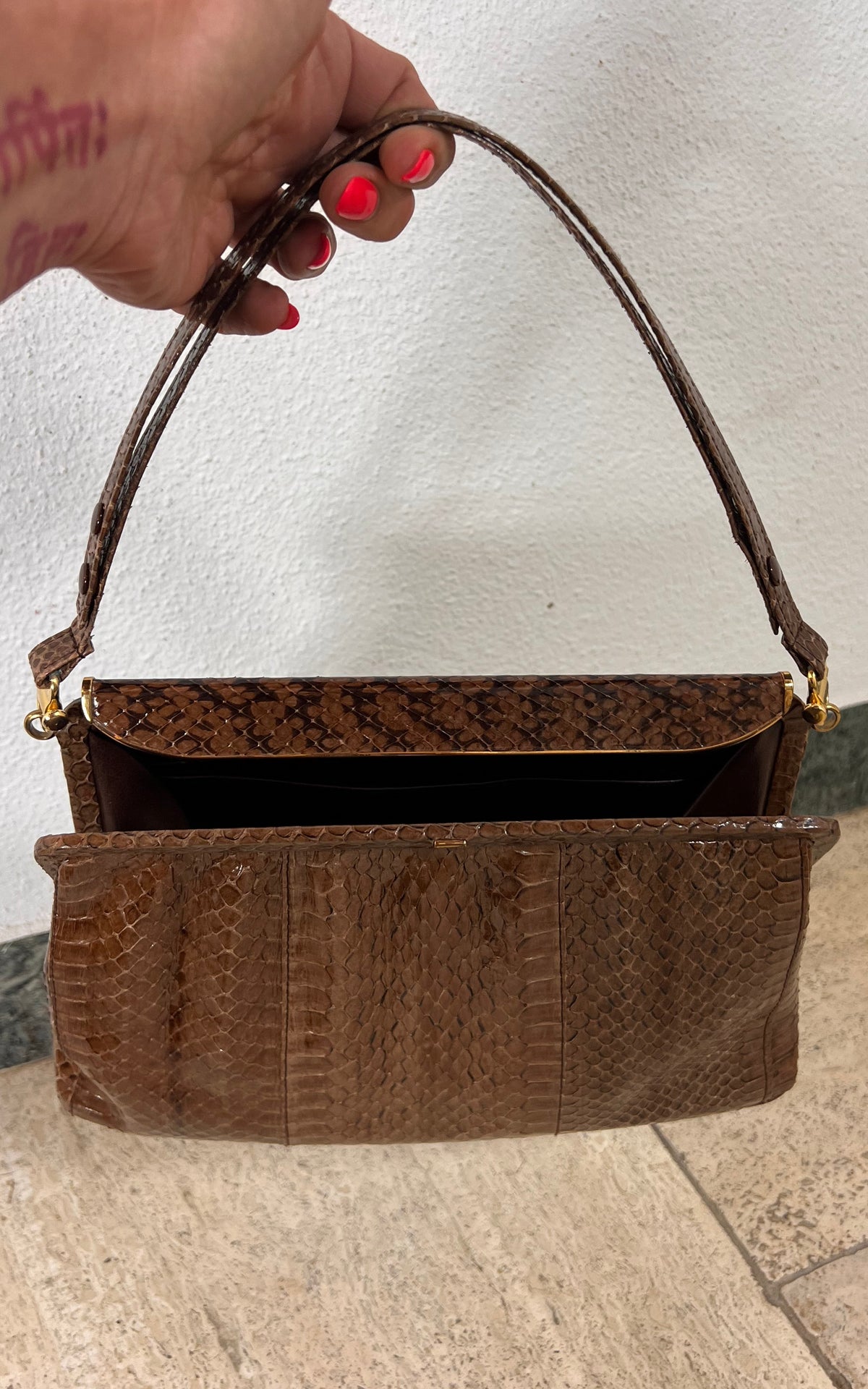 Vintage Genuine Snakeskin Handbag in Brown with Gold-Tone Frame