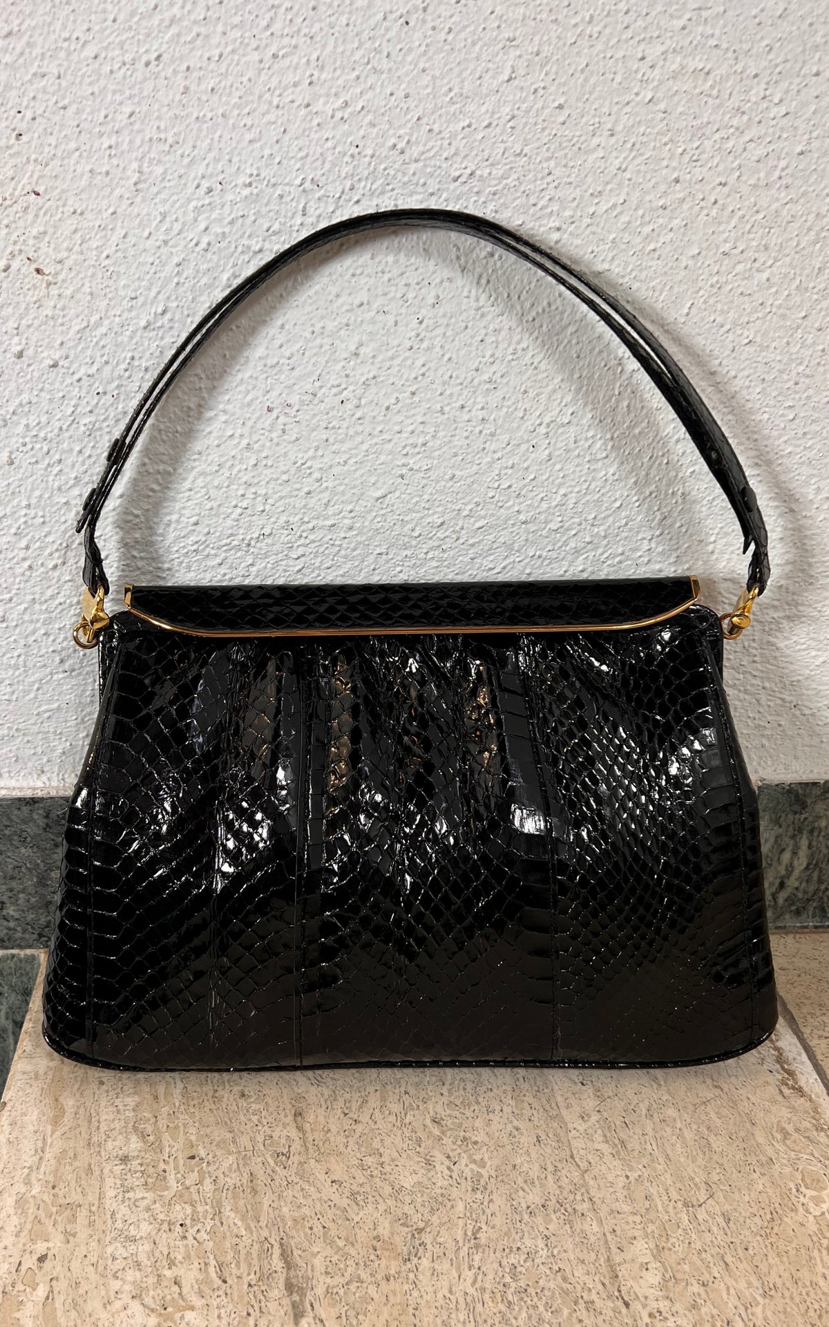 Vintage Genuine Snakeskin Handbag in Black with Gold-Tone Frame