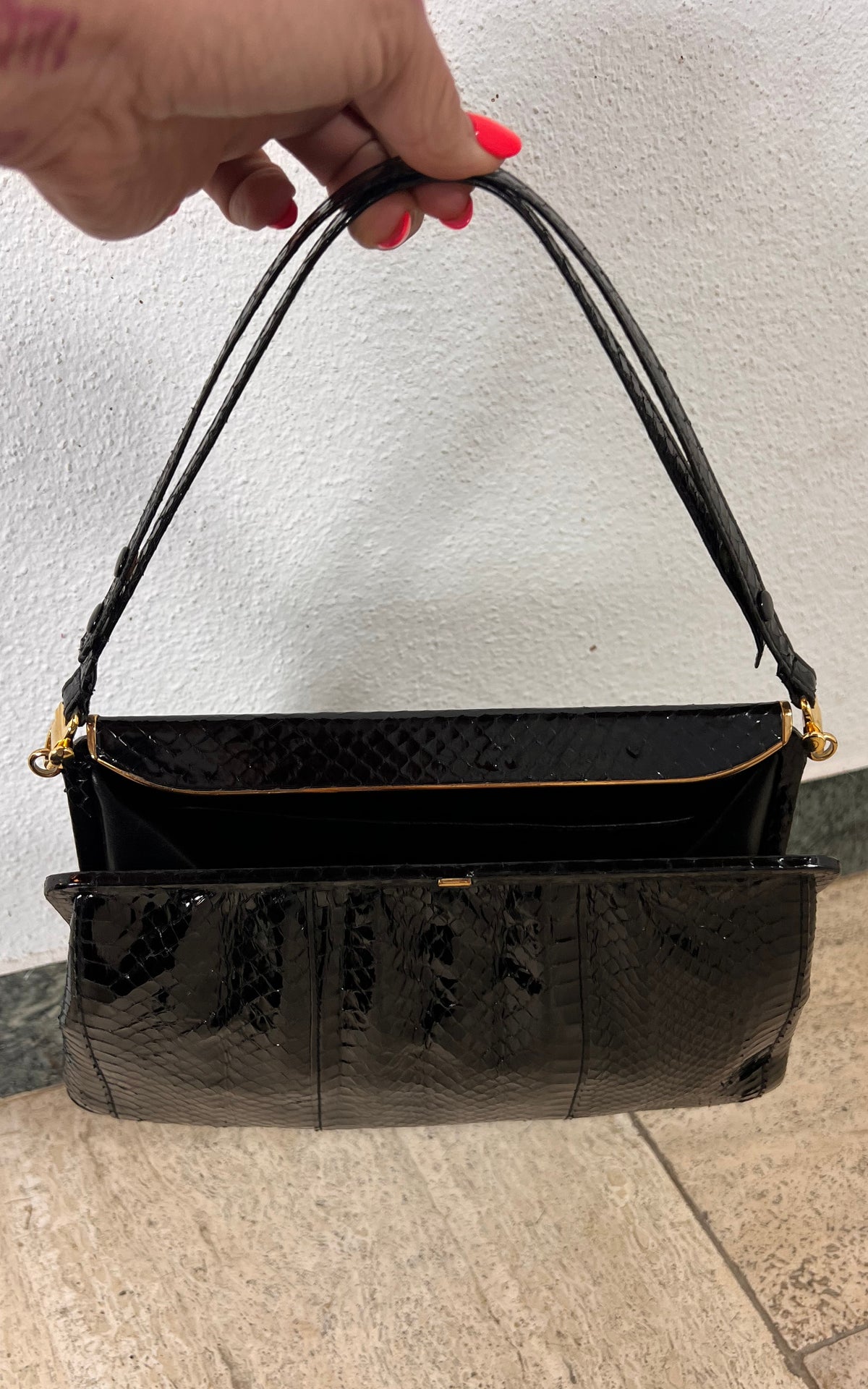 Vintage Genuine Snakeskin Handbag in Black with Gold-Tone Frame