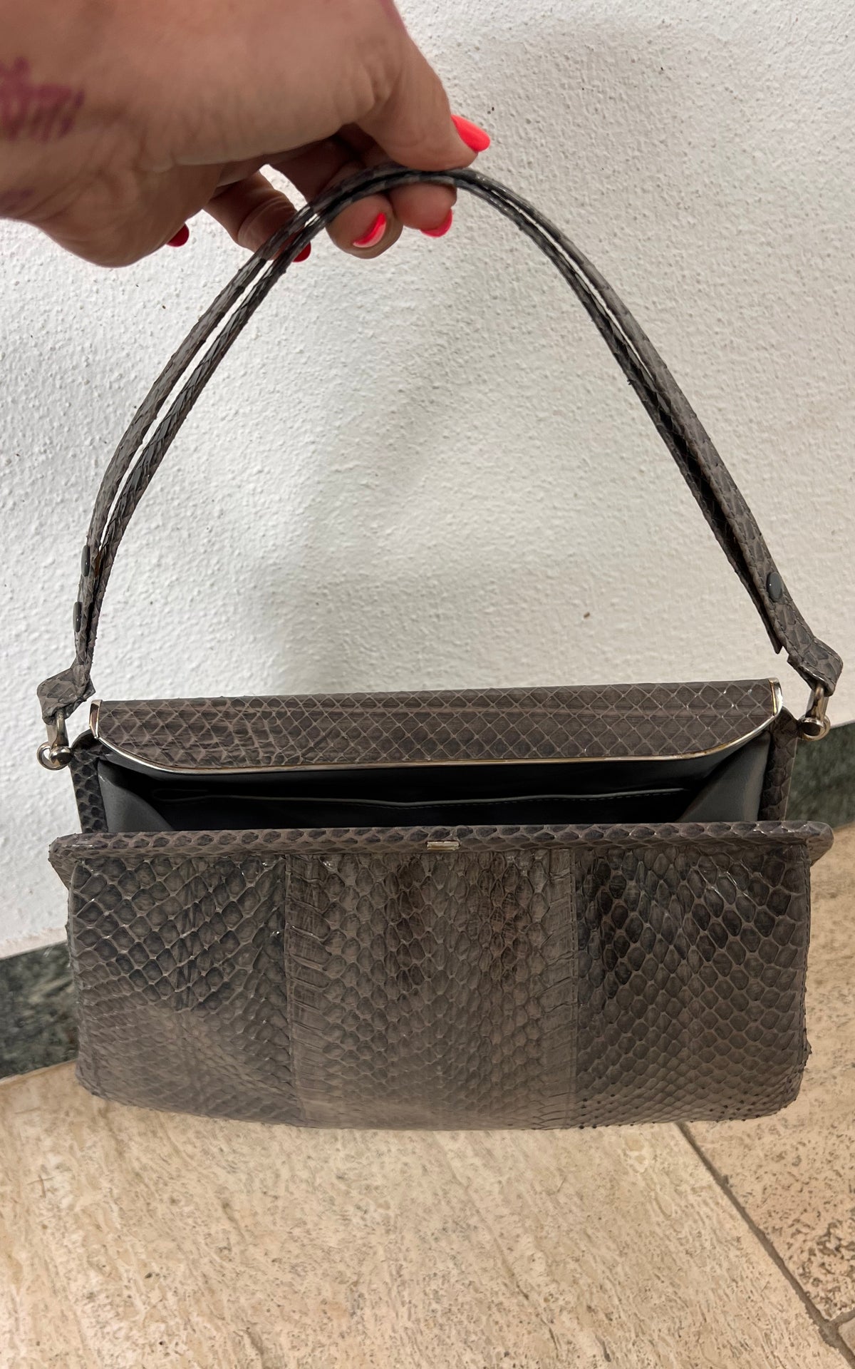 Vintage Genuine Snakeskin Handbag in Smoky Grey with Silver-Tone Frame
