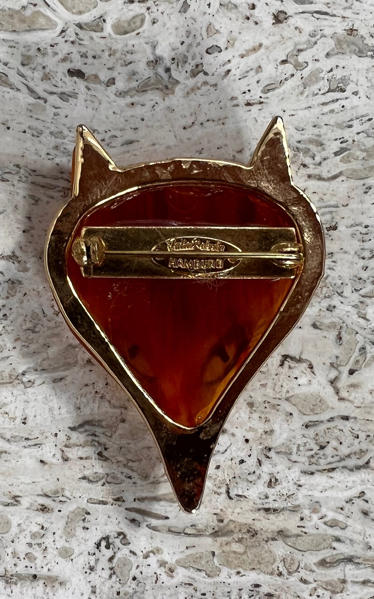 1970s Jutta Reissig Fox Brooch – Amber Brown & Gold Tone