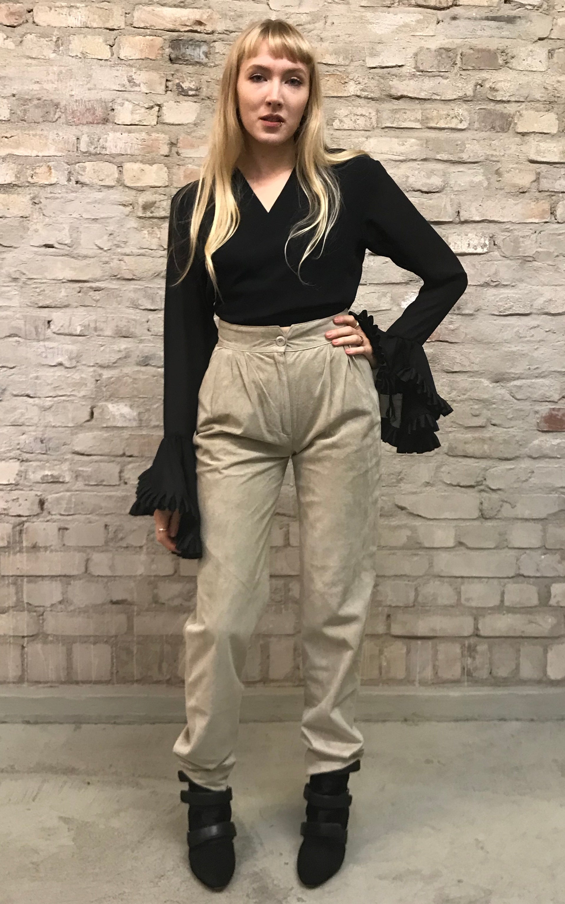 Pantaloni in pelle scamosciata vintage a vita alta