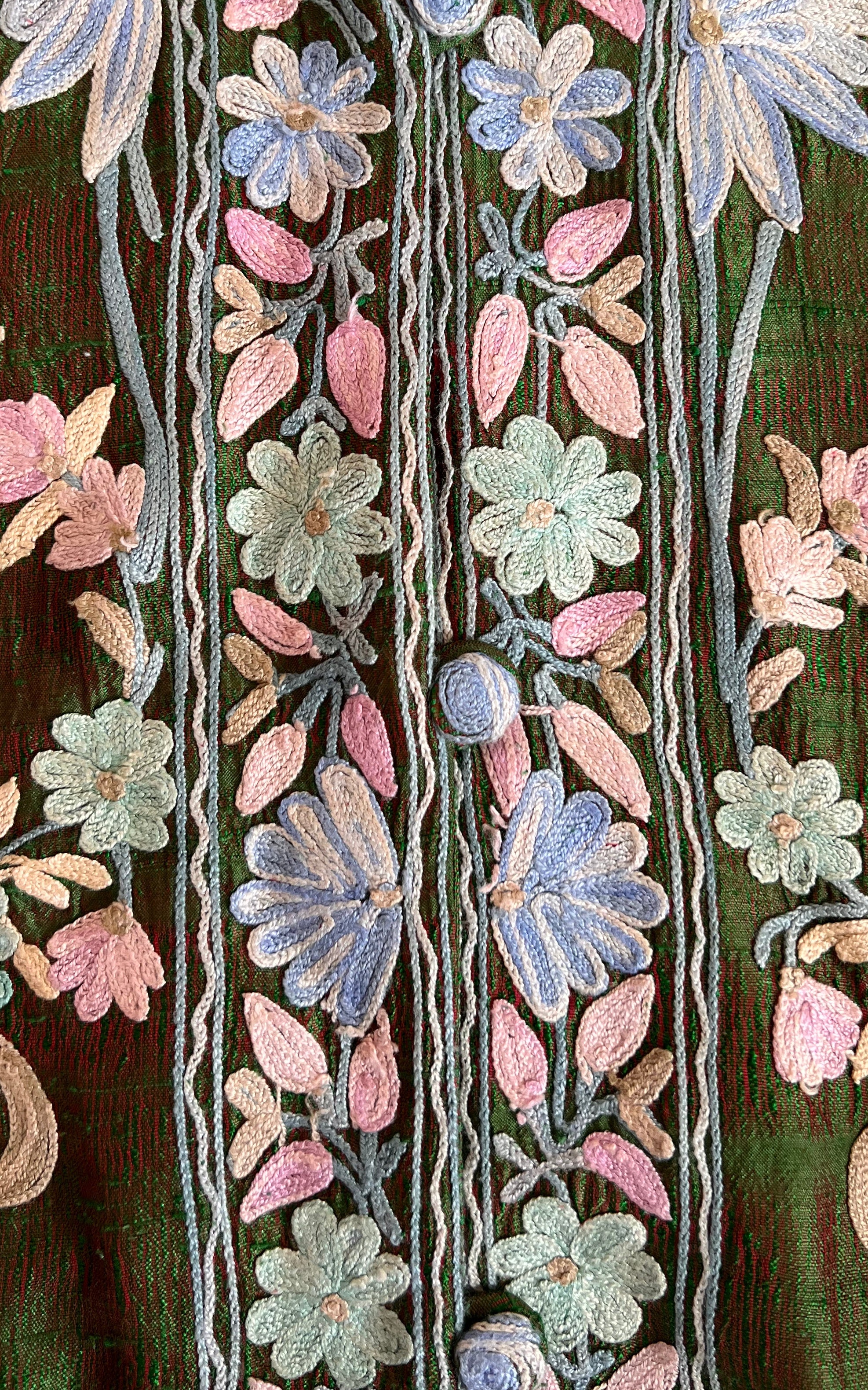 Vintage 70s Floral Silk Embroidered Mini Coat Dress