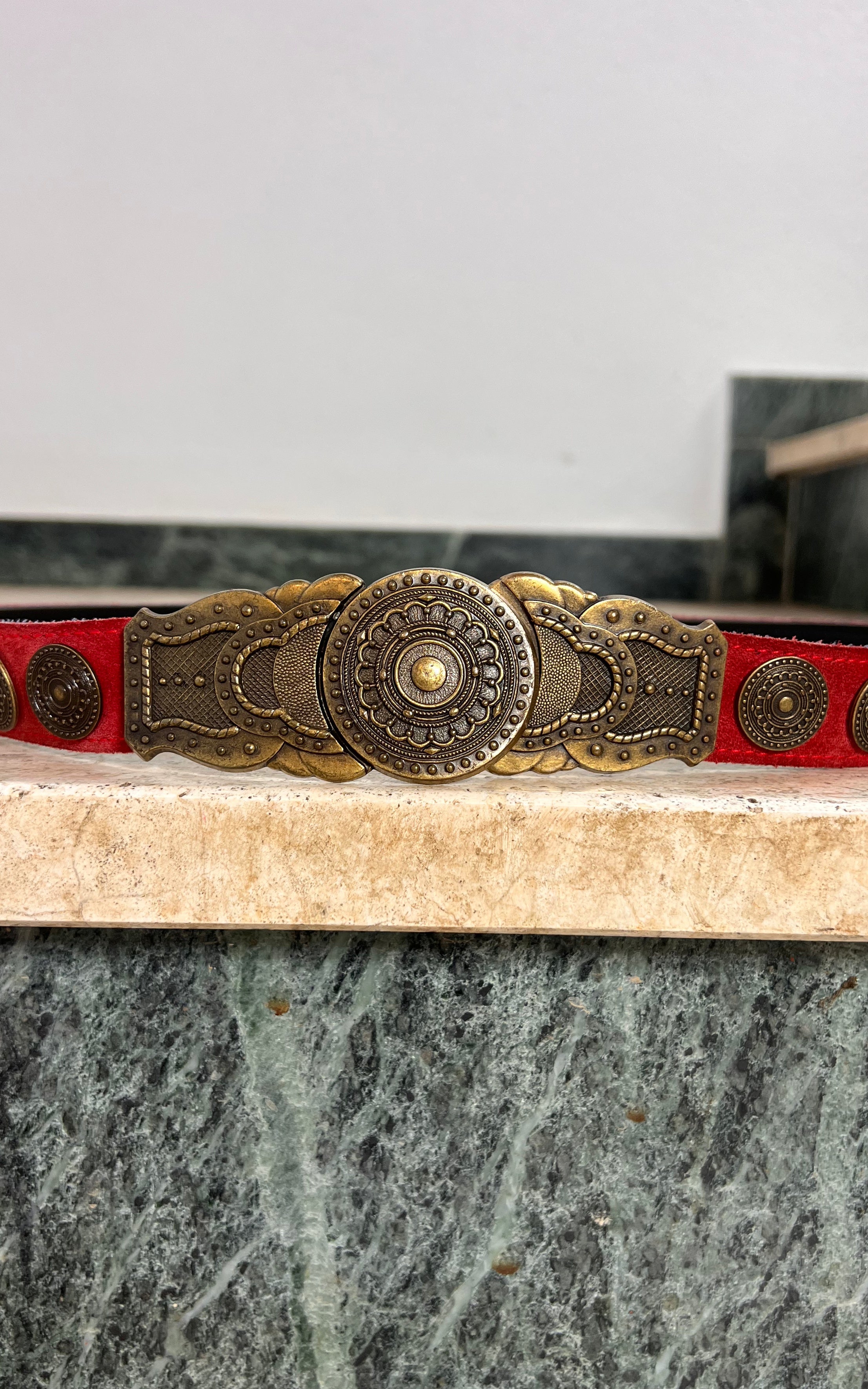 Vintage Red Suede & Ornate Brass Belt