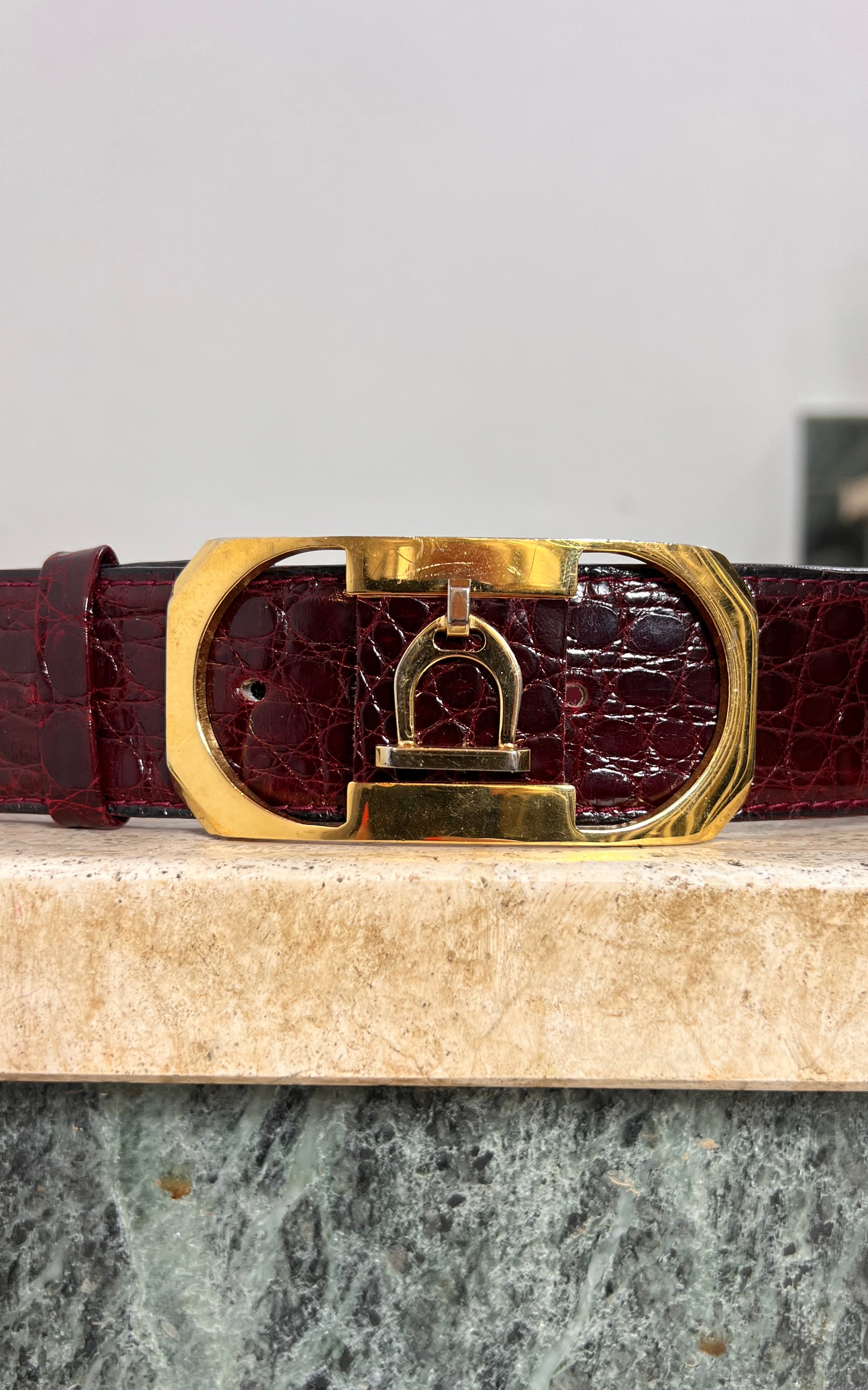 Vintage 70s Burgundy Gold Horsebit Buckle Belt