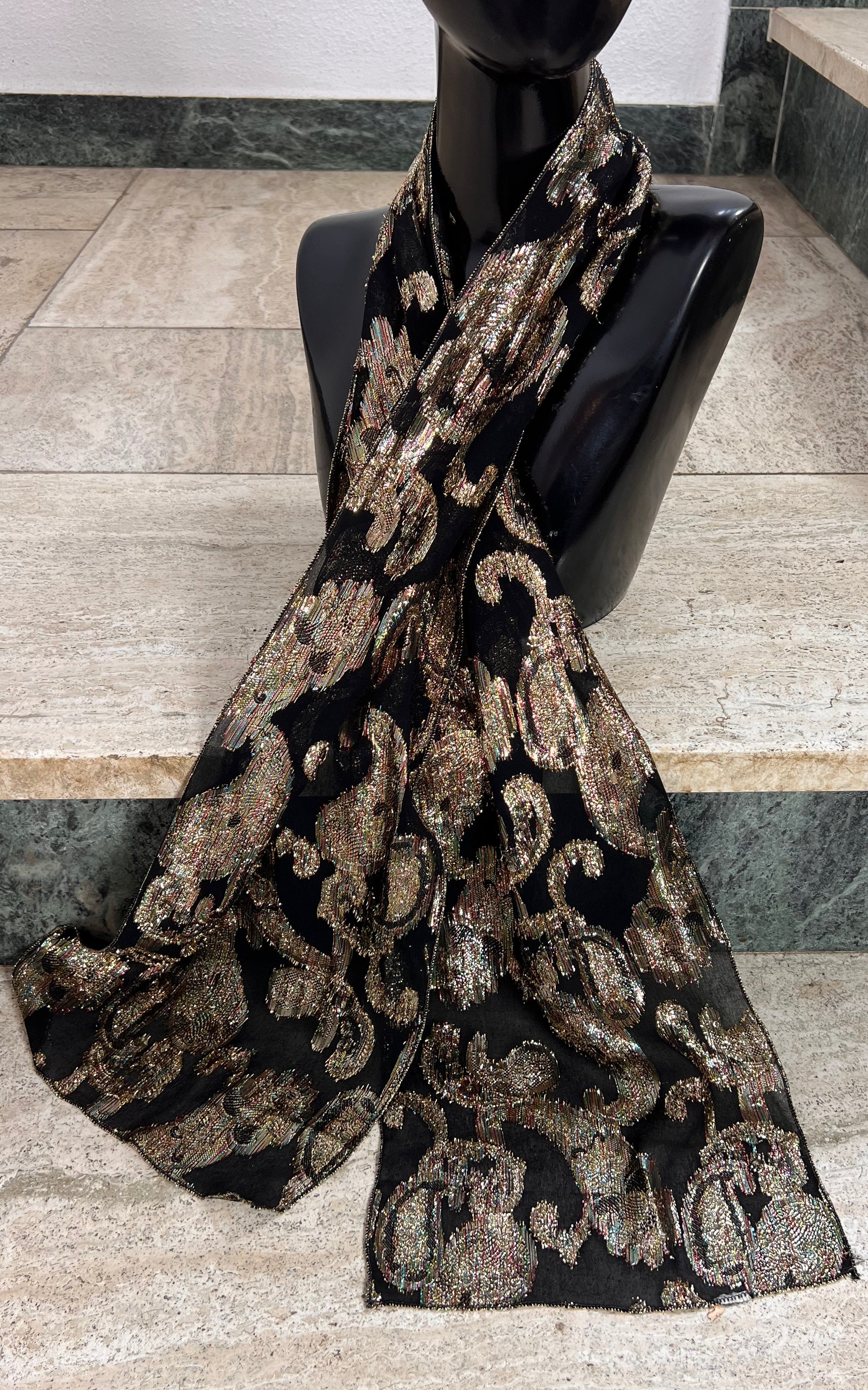 Vintage Lame & Silk Paisley Skinny Scarf