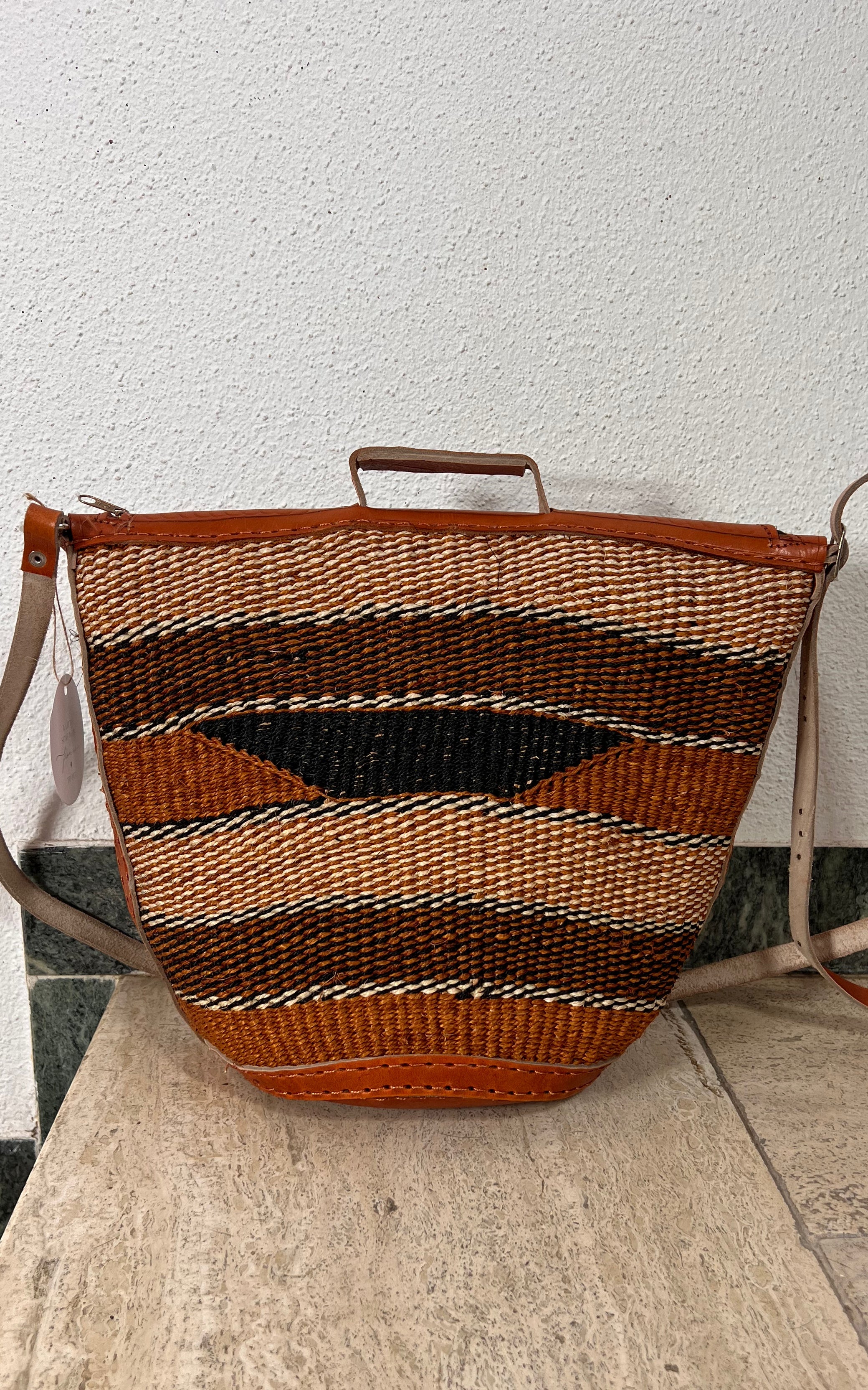 New African Kiondo Sisal and Leather Cross Body Bag