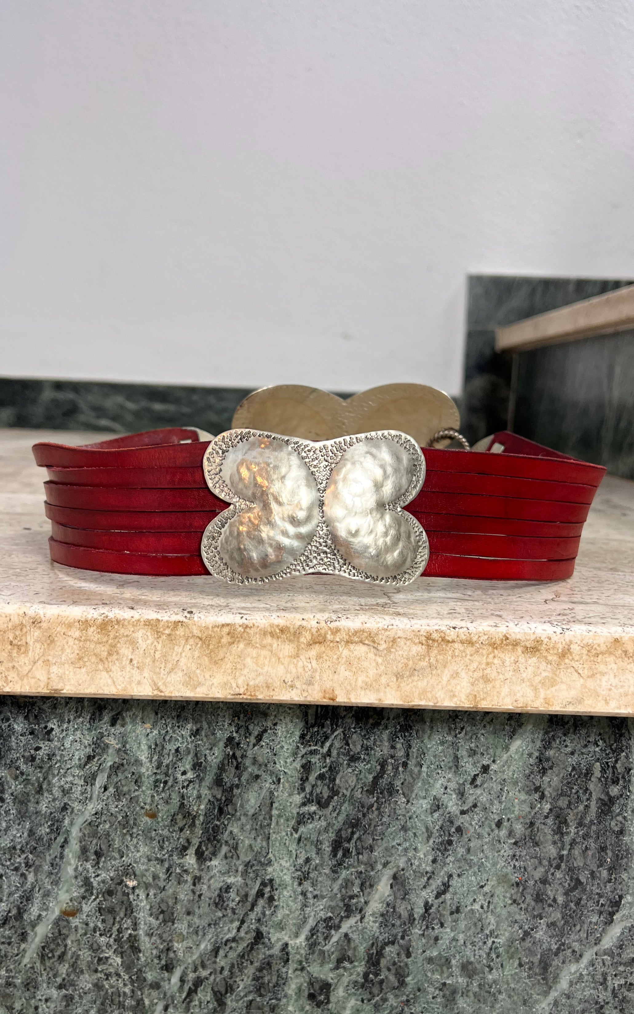 Vintage 70s Red Leather Hammered Metal Belt