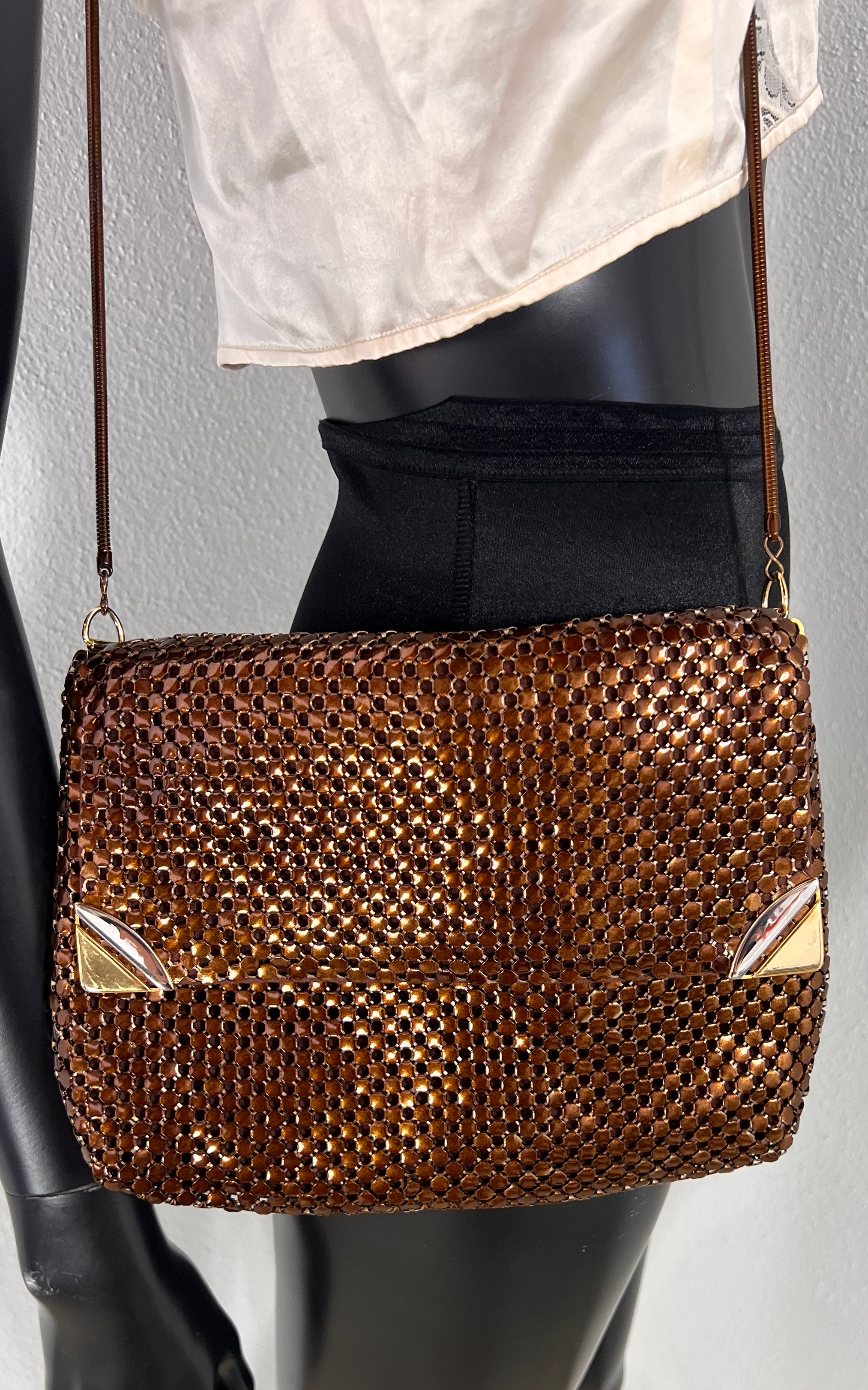 Vintage 1970s Brown Metal Mesh Shoulder Bag