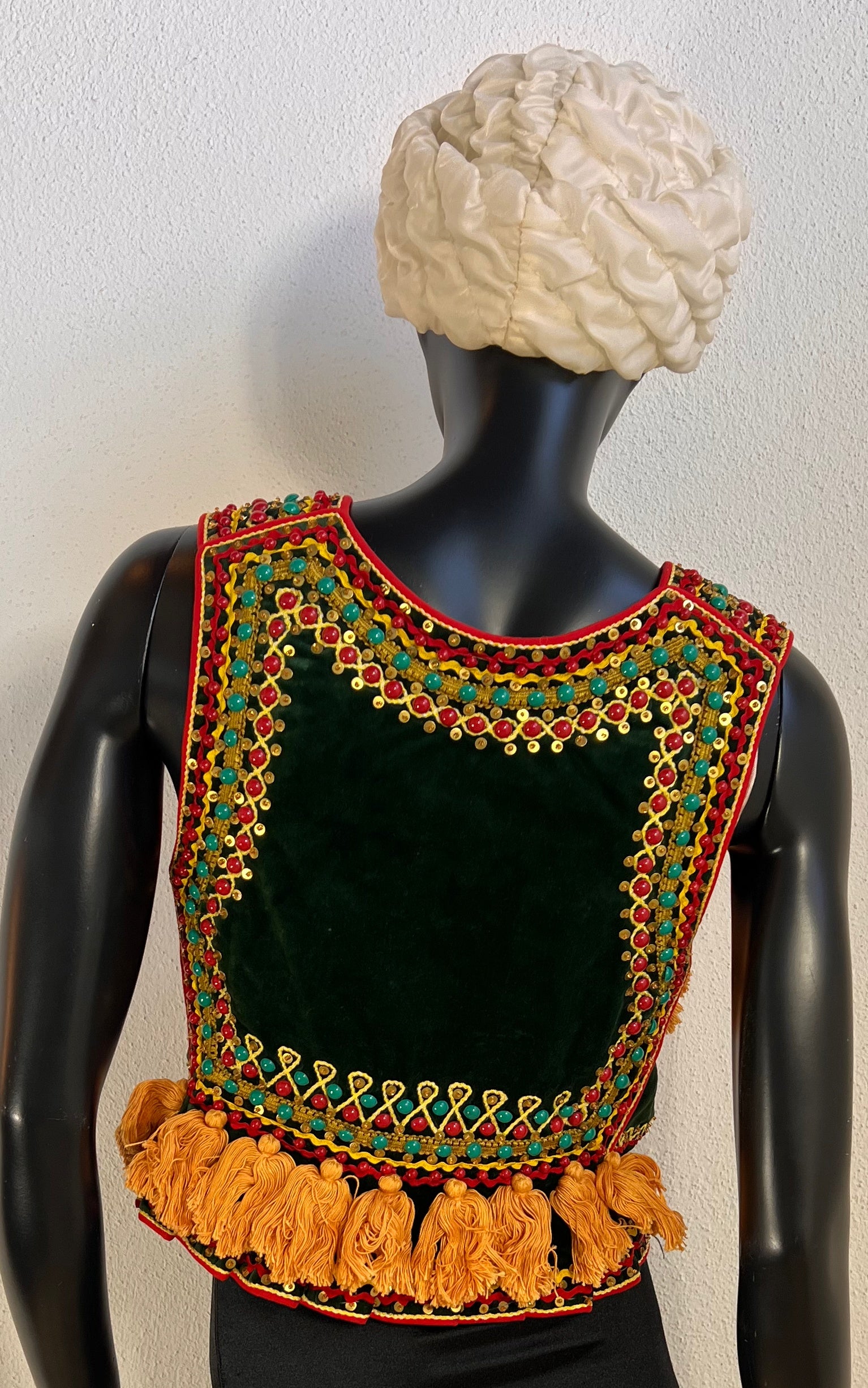 Vintage Embellished Green Velvet Polish Folk Vest with Beads and Tassels