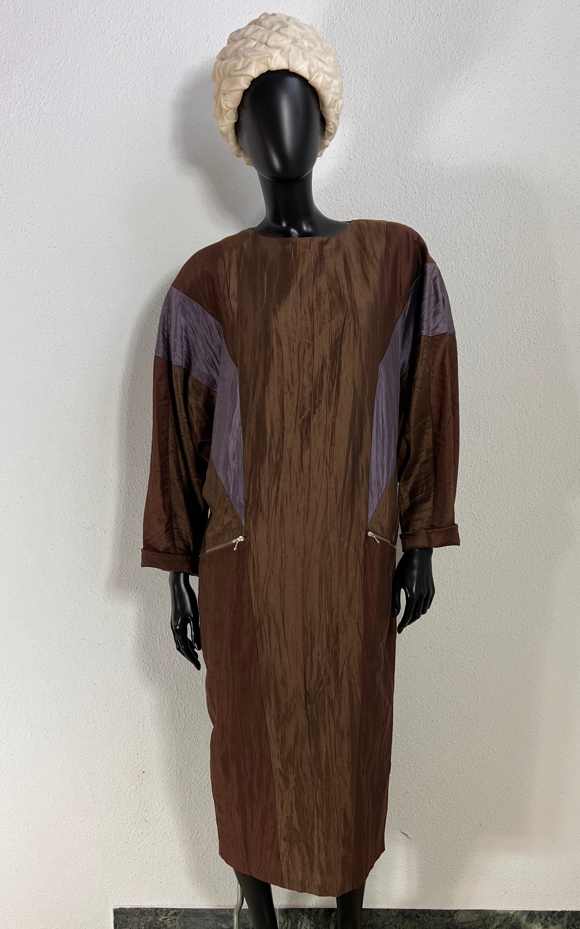 Vintage Moncara 100% Silk Brown Colour-Block Midi Dress