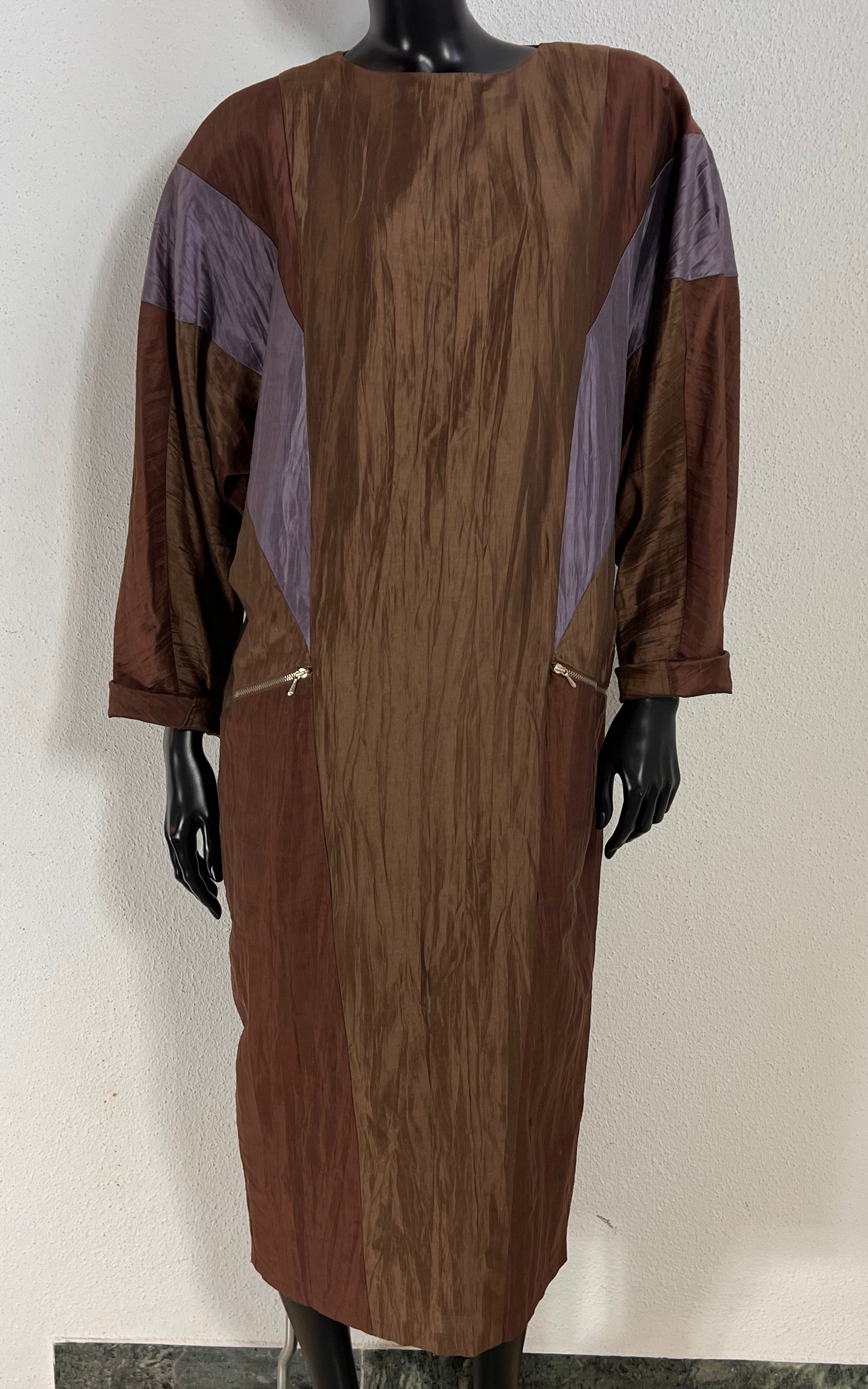 Vintage Moncara 100% Silk Brown Colour-Block Midi Dress