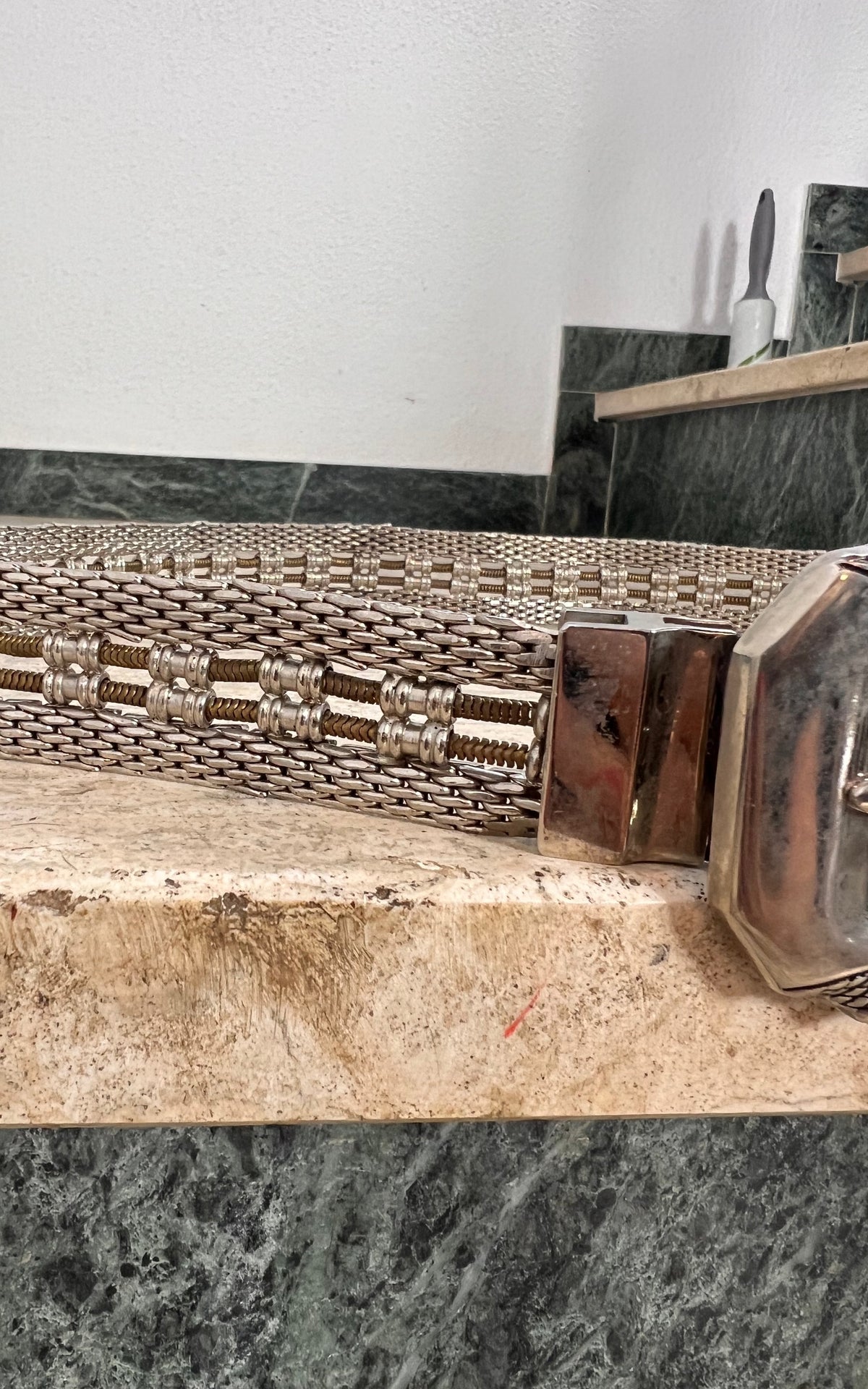 Vintage Silver-Tone Metal Chain Belt with Black Leather