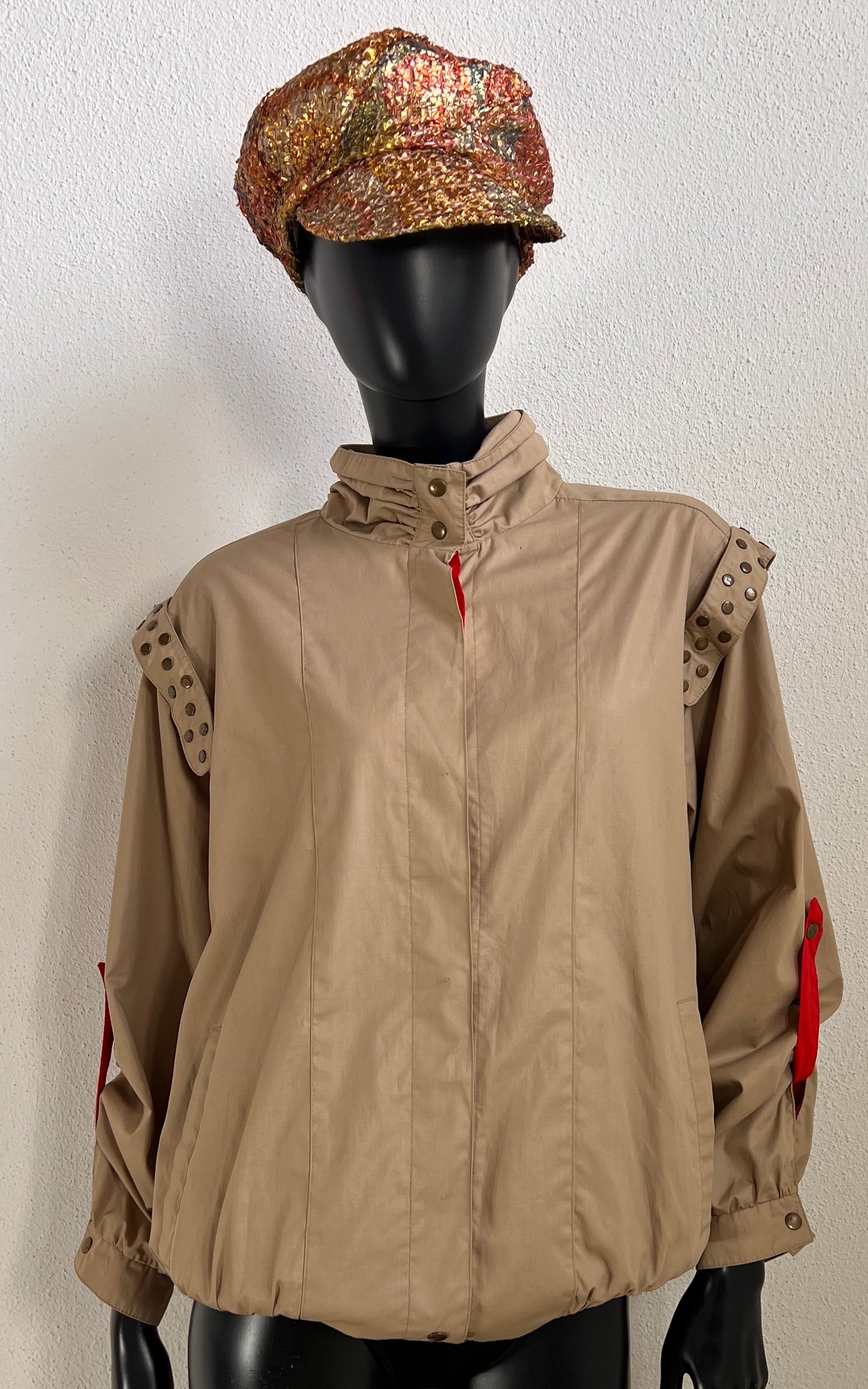 Vintage Beige Studded Jacket with Red Accents