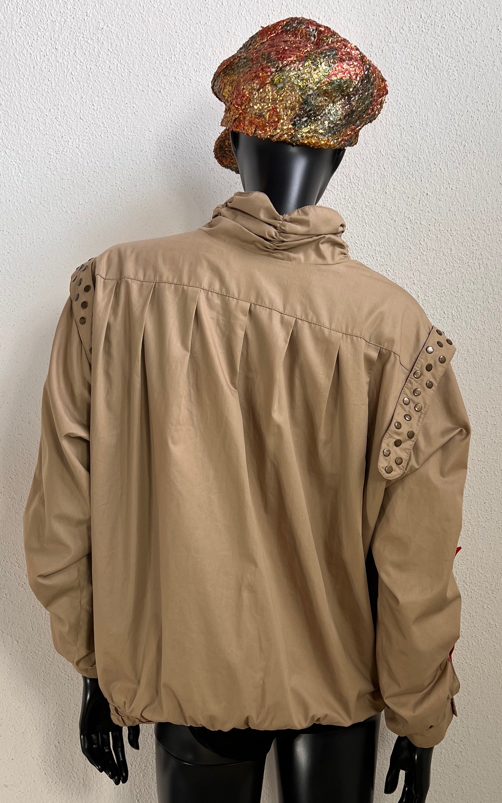 Vintage Beige Studded Jacket with Red Accents