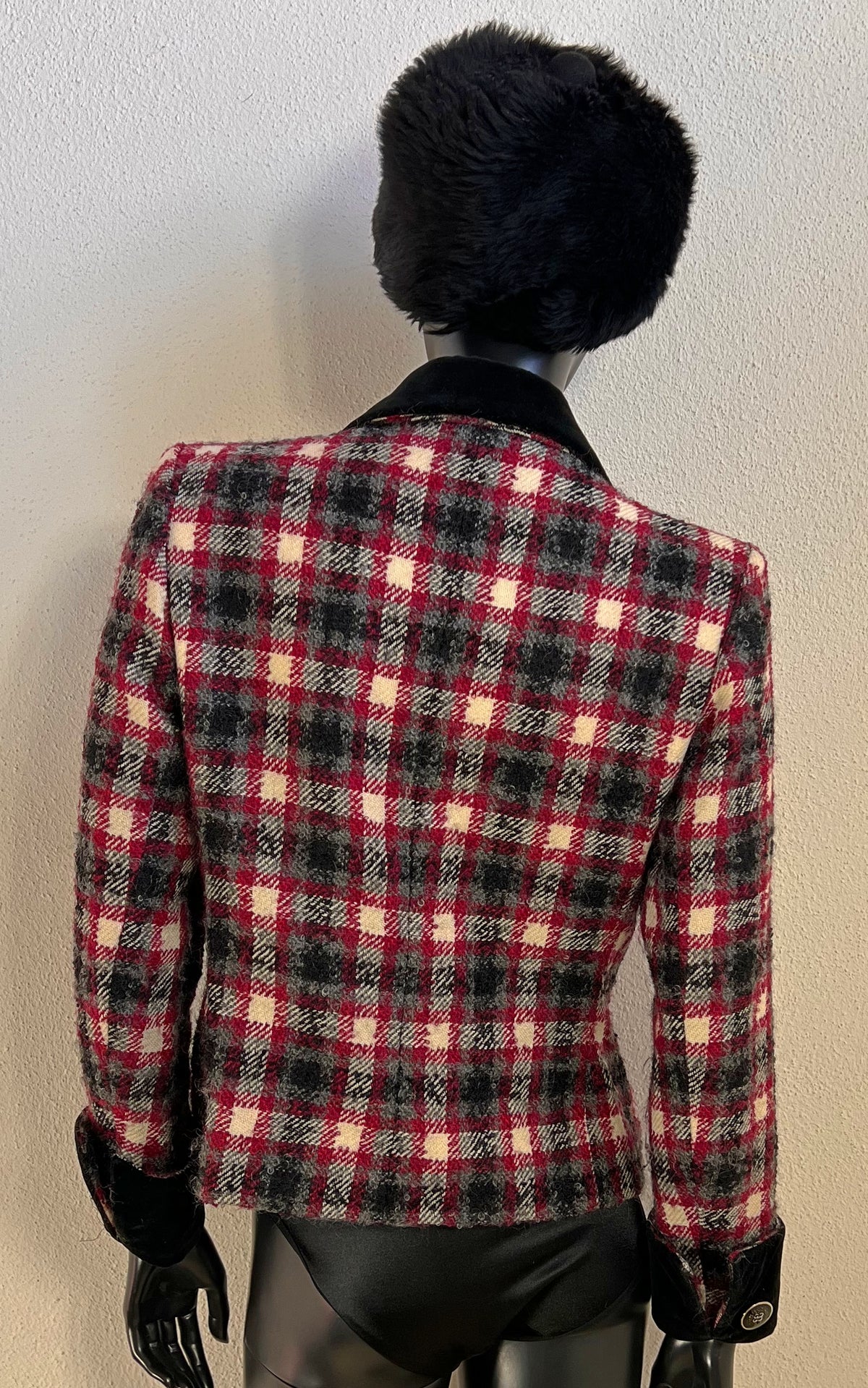 Yves Saint Laurent Rive Gauche Wool Check Jacket with Black Silk Velvet Trim