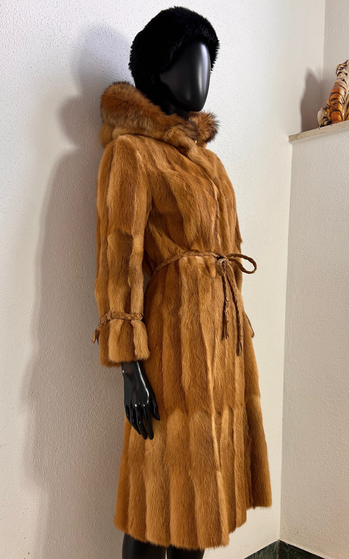Vintage 1970s Golden Honey Fur Coat with Hood & Braided Belt