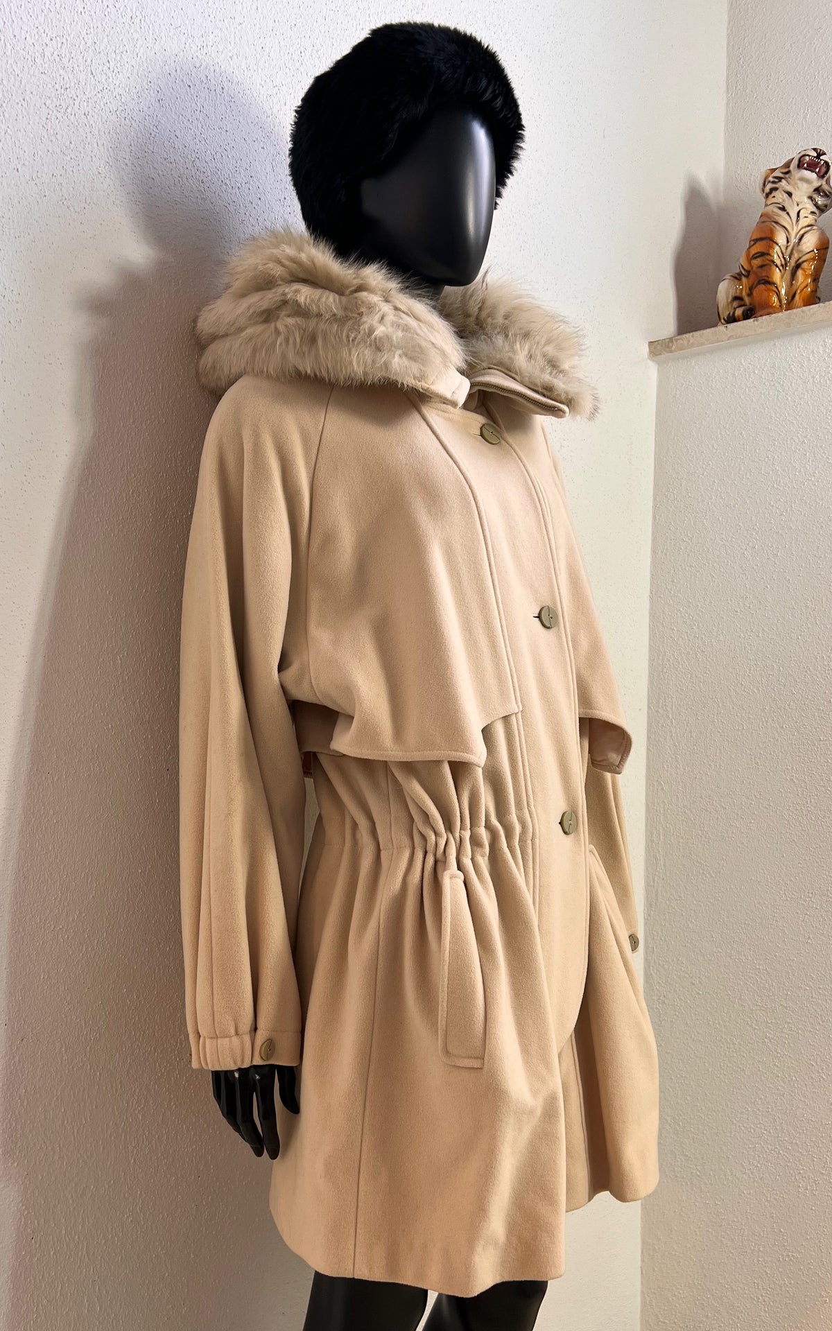 Vintage Cisstein Cream Cashmere & Wool Coat with Fur-Trimmed Hood