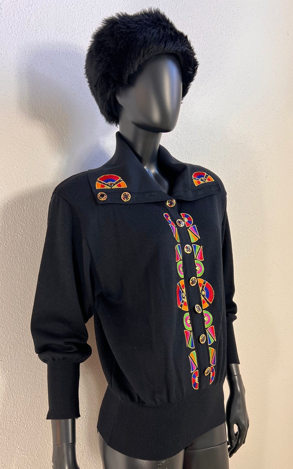 Vintage Bode Black Wool Blend Cardigan with Colourful Geometric Embroidery