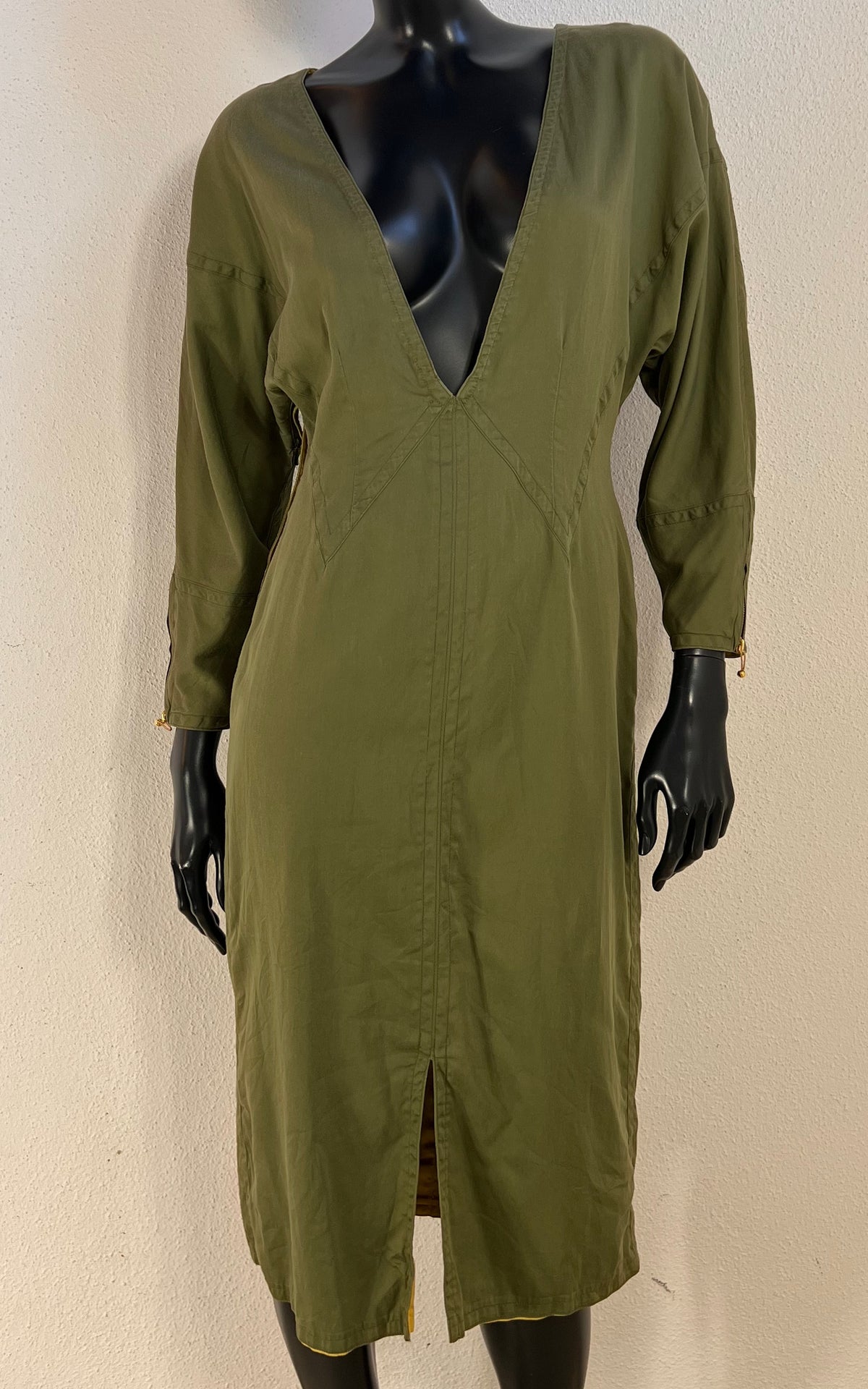 Vintage Jil Sander Olive Green Cotton Dress with Geometric Seaming