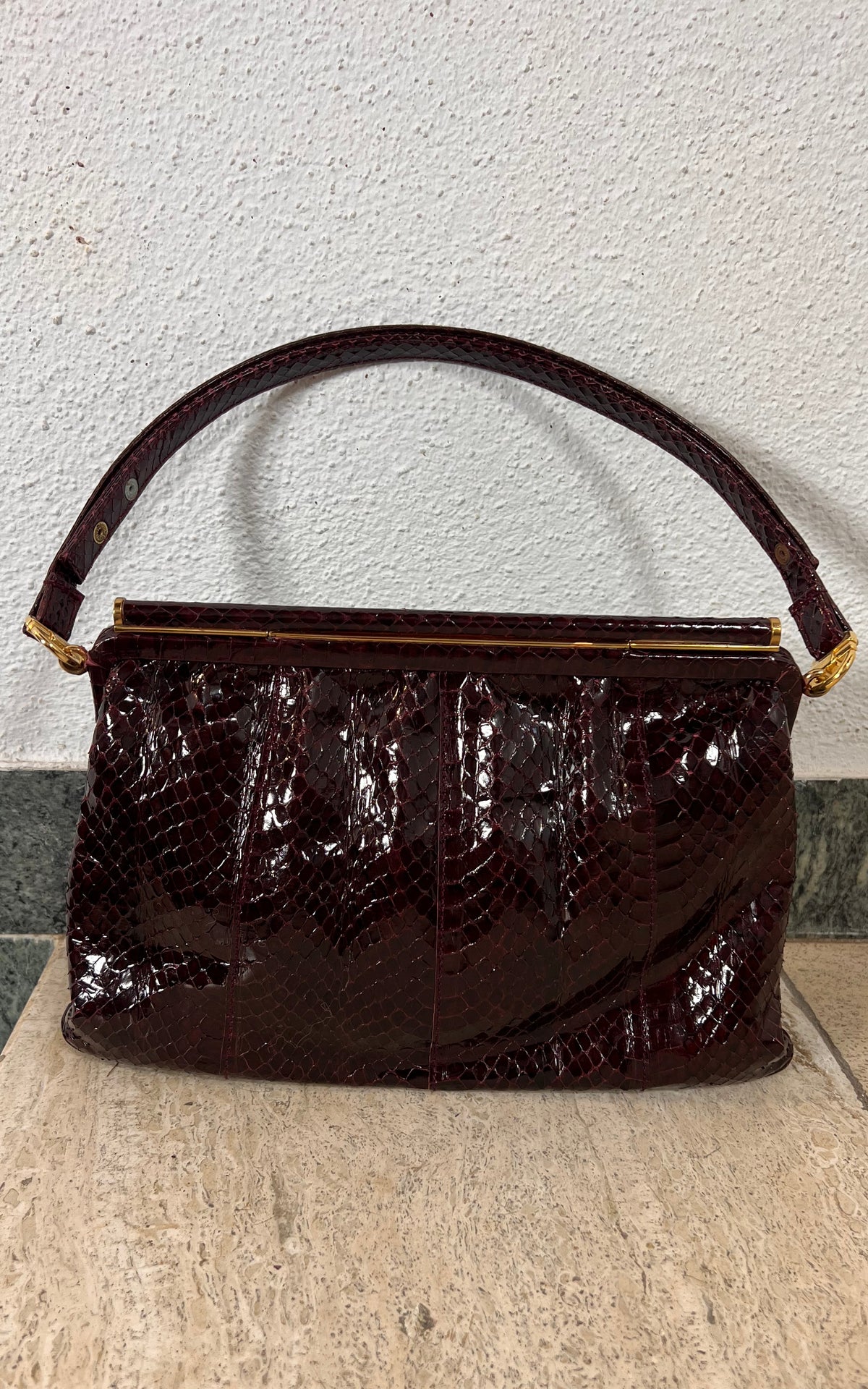 Vintage Genuine Snakeskin Handbag in Burgundy with Gold-Tone Frame