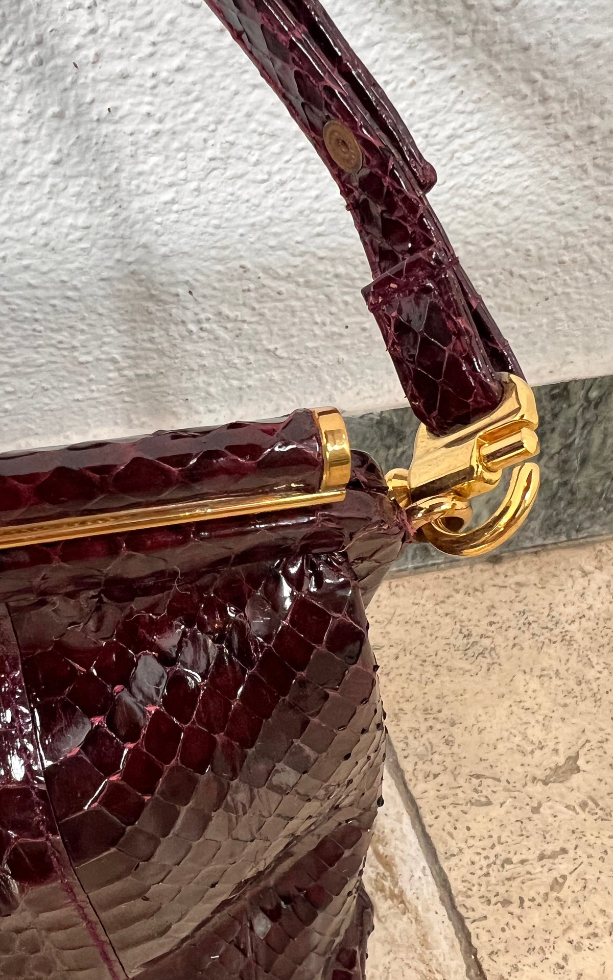 Vintage Genuine Snakeskin Handbag in Burgundy with Gold-Tone Frame