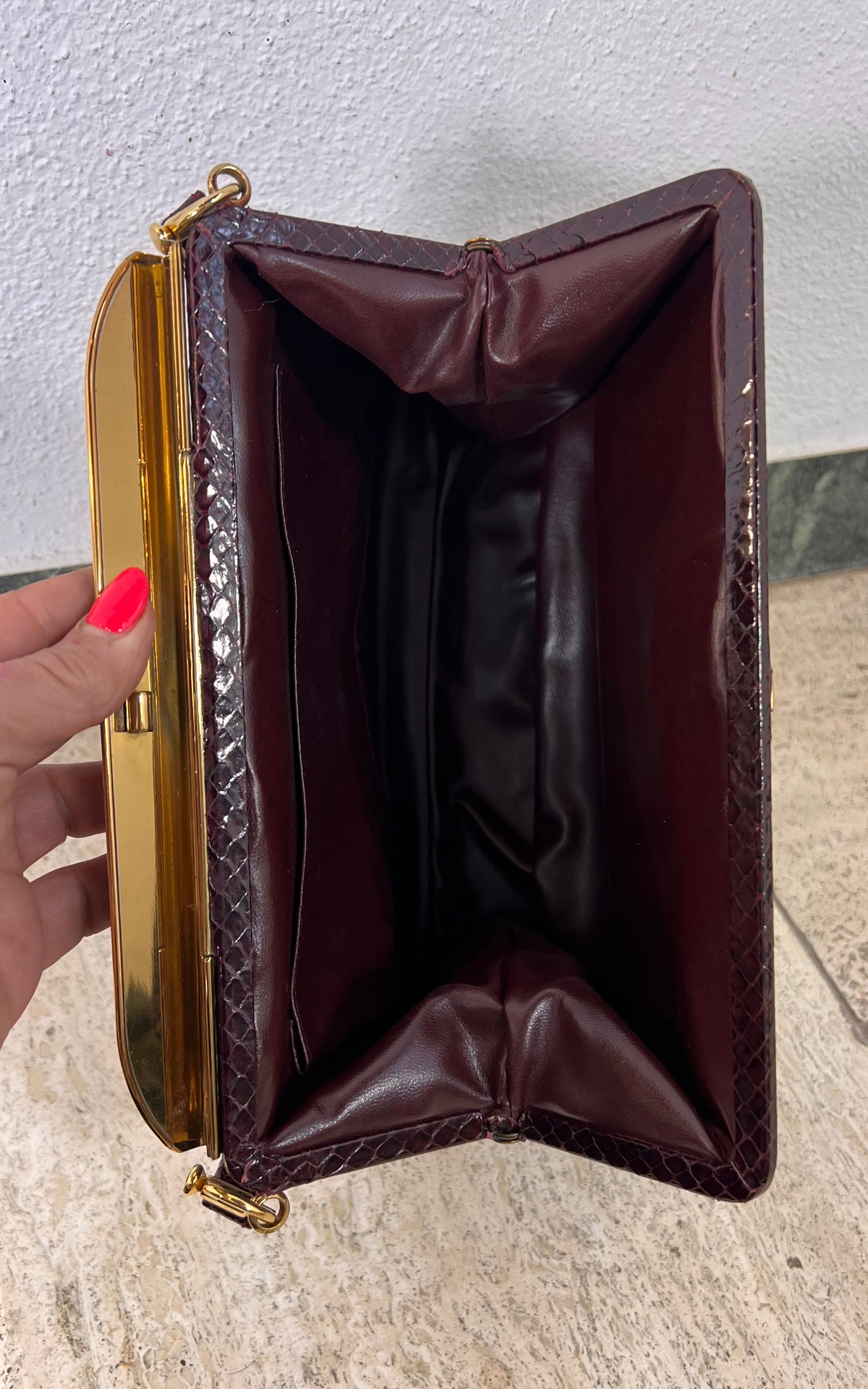 Vintage Genuine Snakeskin Handbag in Burgundy with Gold-Tone Frame