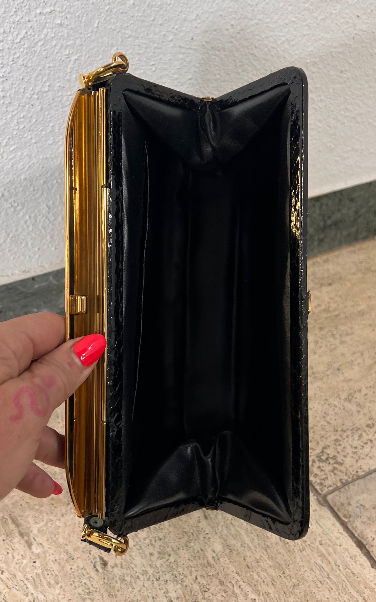 Vintage Genuine Snakeskin Handbag in Black with Gold-Tone Frame