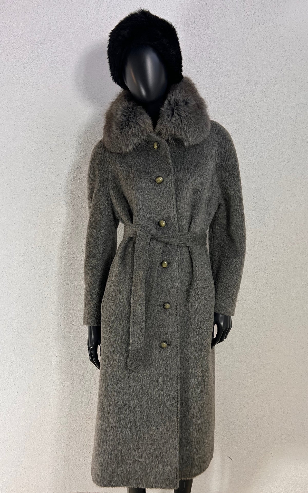 Vintage Basler Grey Alpaca Coat with Plush Collar and Matching Belt